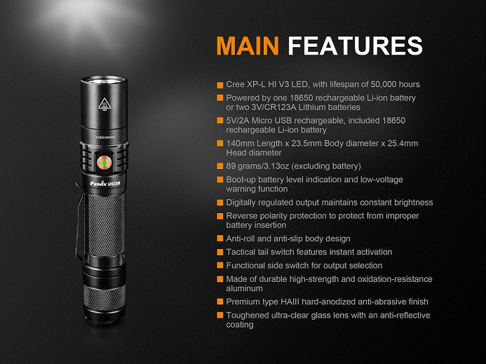 Fenix UC35 V2.0 1000 lumen USB rechargeable flashlight