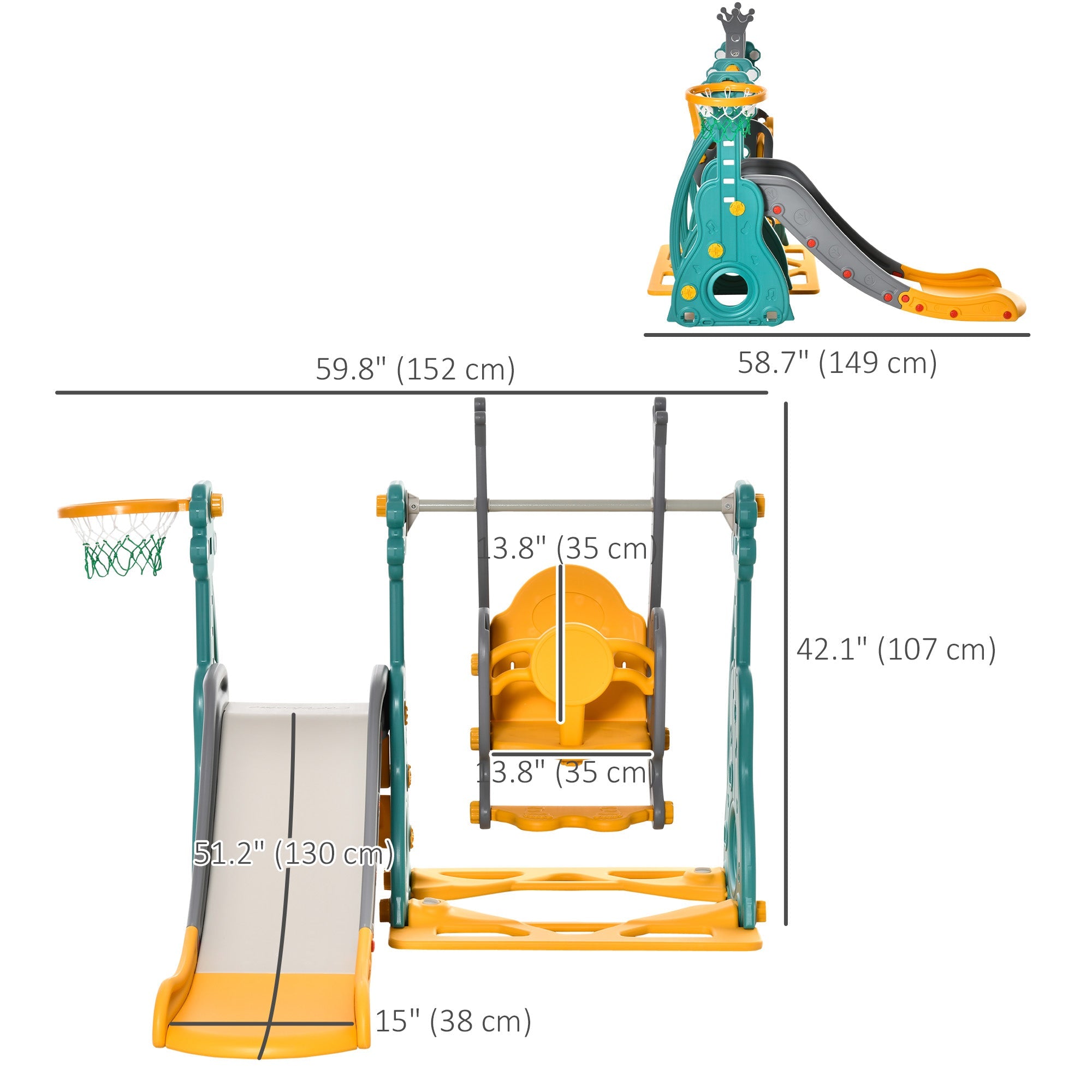 Qaba 3-IN-1 Kids Swing and Slide Set with Basketball Hoop Slide Swing Adjustable Seat Height Toddler Playground Activity Center