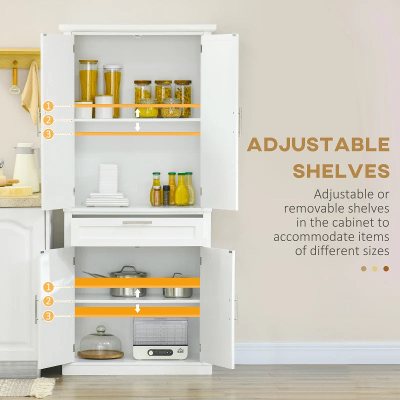 72" Kitchen Pantry Cabinet, Freestanding Storage Cabinet, 4-Door Cabinet with Drawer and Adjustable Shelves, White