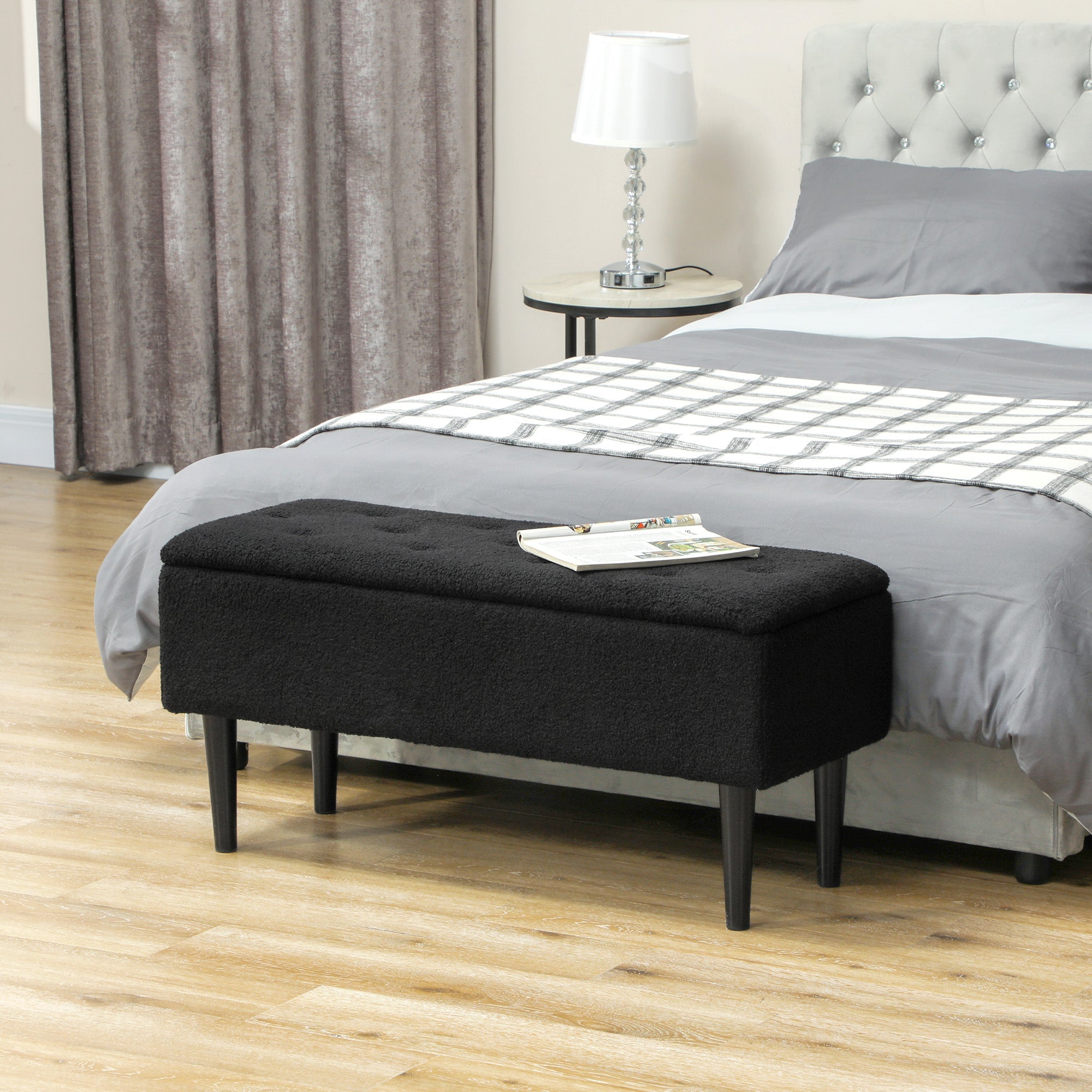 HOMCOM Modern Storage Bench, Ottoman with Storage and Lamb's Wool Upholstery for Living Room, Bedroom, Black