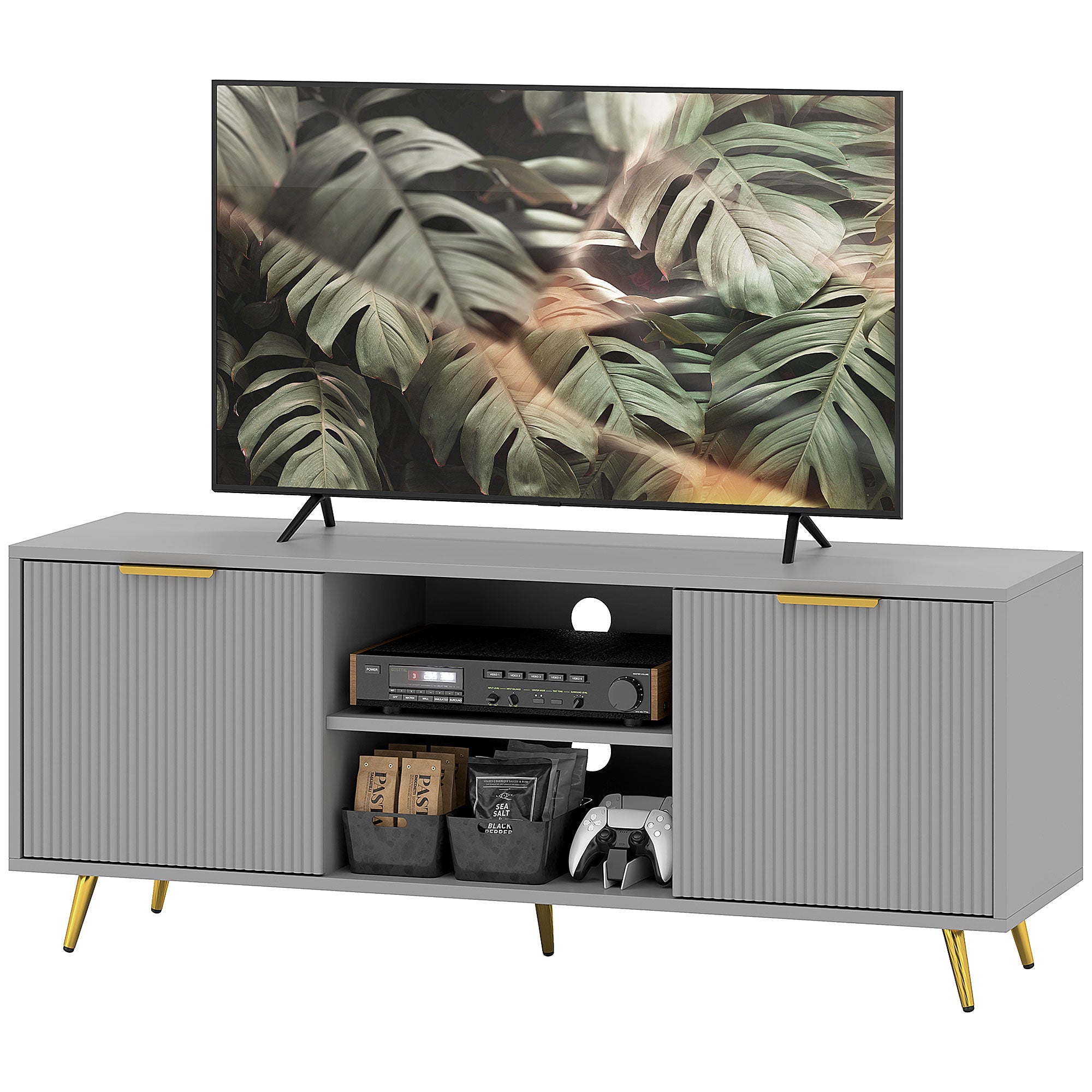 HOMCOM TV Stand with Storage for 55 Inch TV, Modern TV Cabinet with 2 Open Shelves and 2 Cabinets for Living Room, Grey