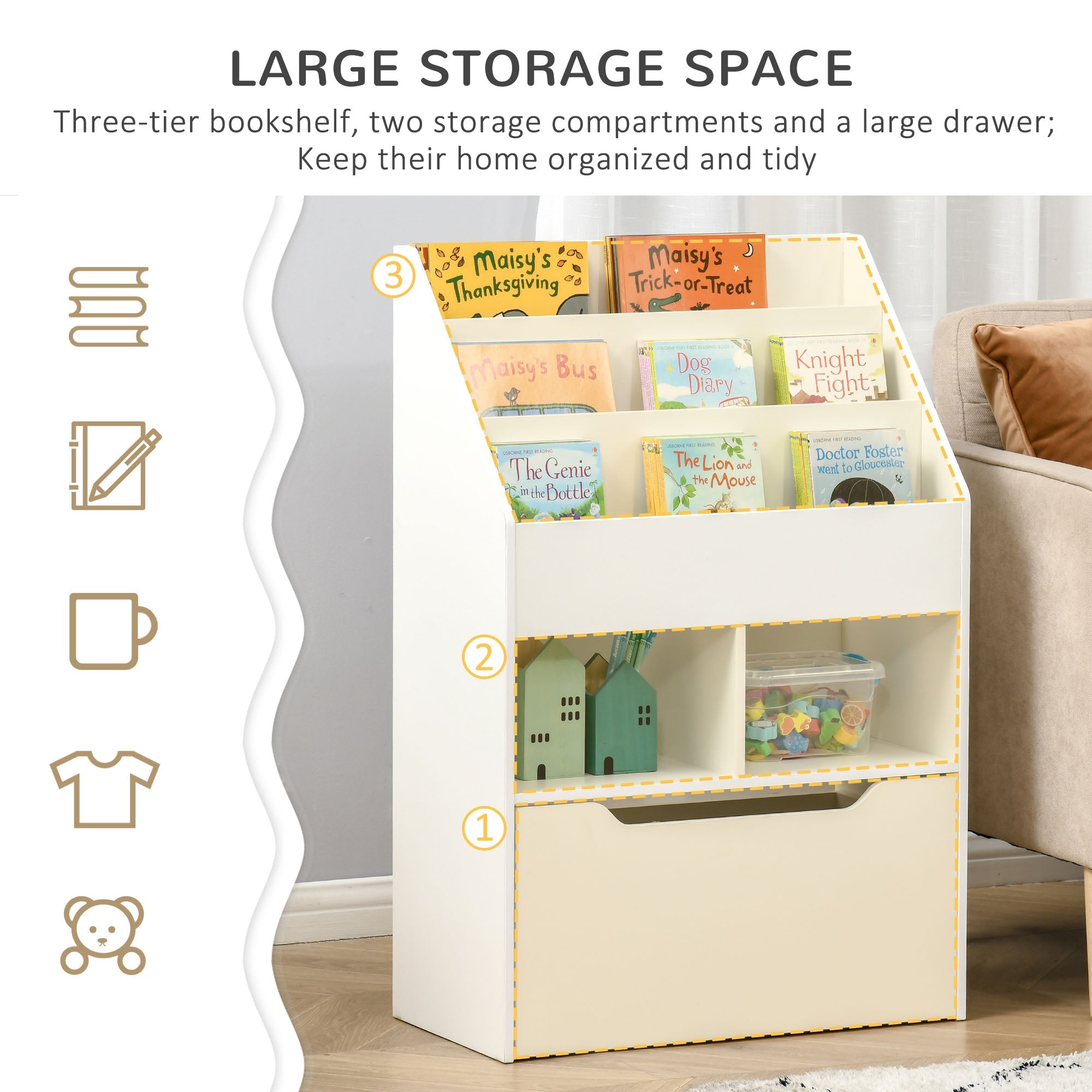HOMCOM Kids Bookcase Multi Shelf Rack Organizer Storage Drawer Reading Nook Classroom Bedroom Playroom White