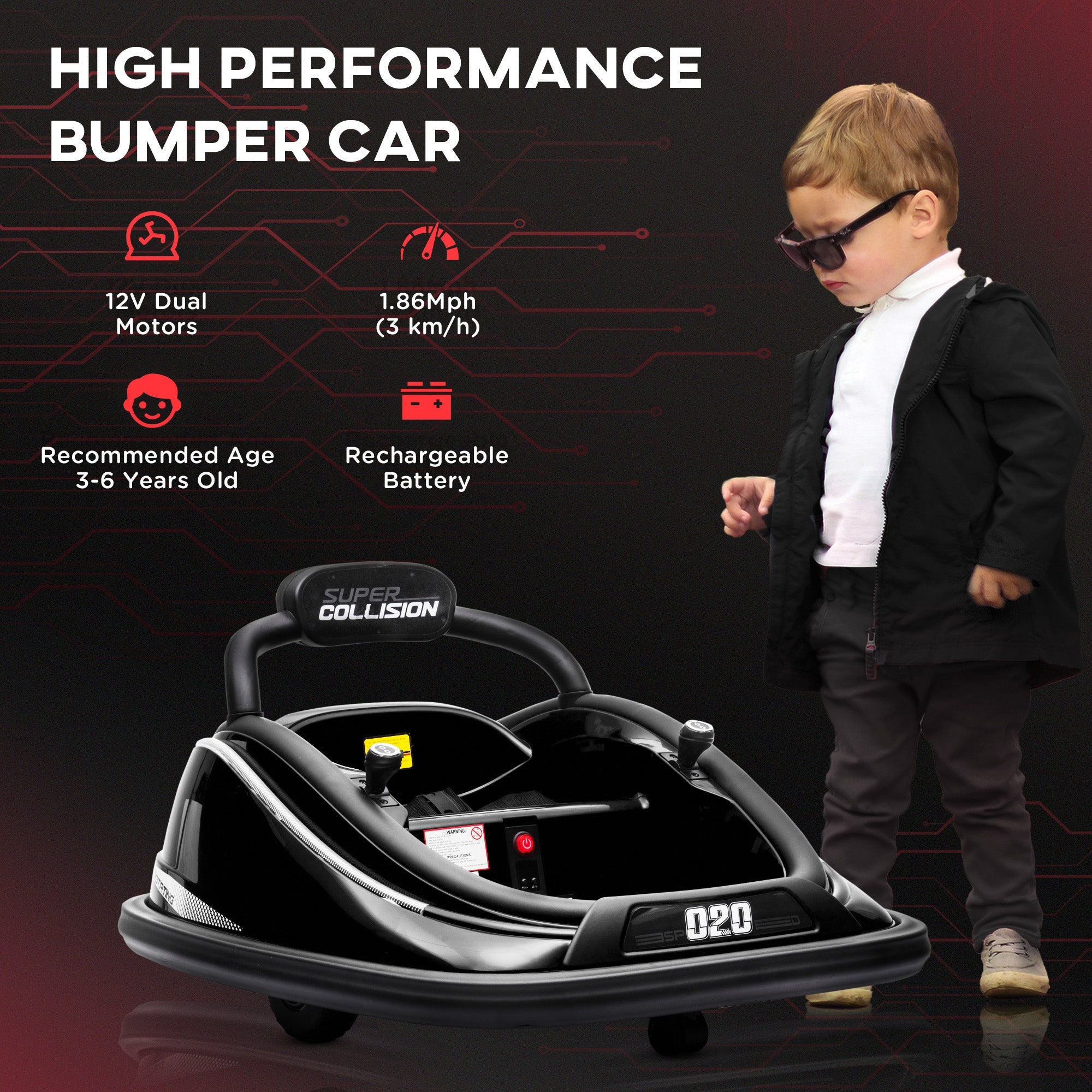 Aosom 12V Kids Bumper Car: 360° Rotation, Twin Motor, Remote Control, LED Lights, Belt
