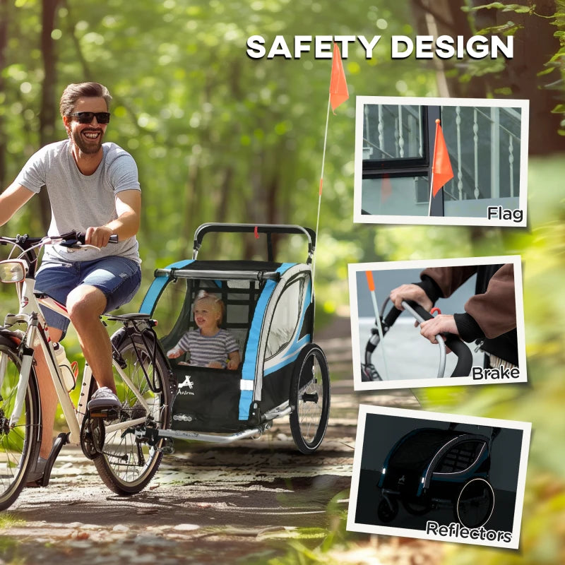 Aosom 3-in-1 Bike Trailer for Kids, Running Stroller with 2 Seats, Jogging Cart with 5-Point Harness, Storage Units, Blue