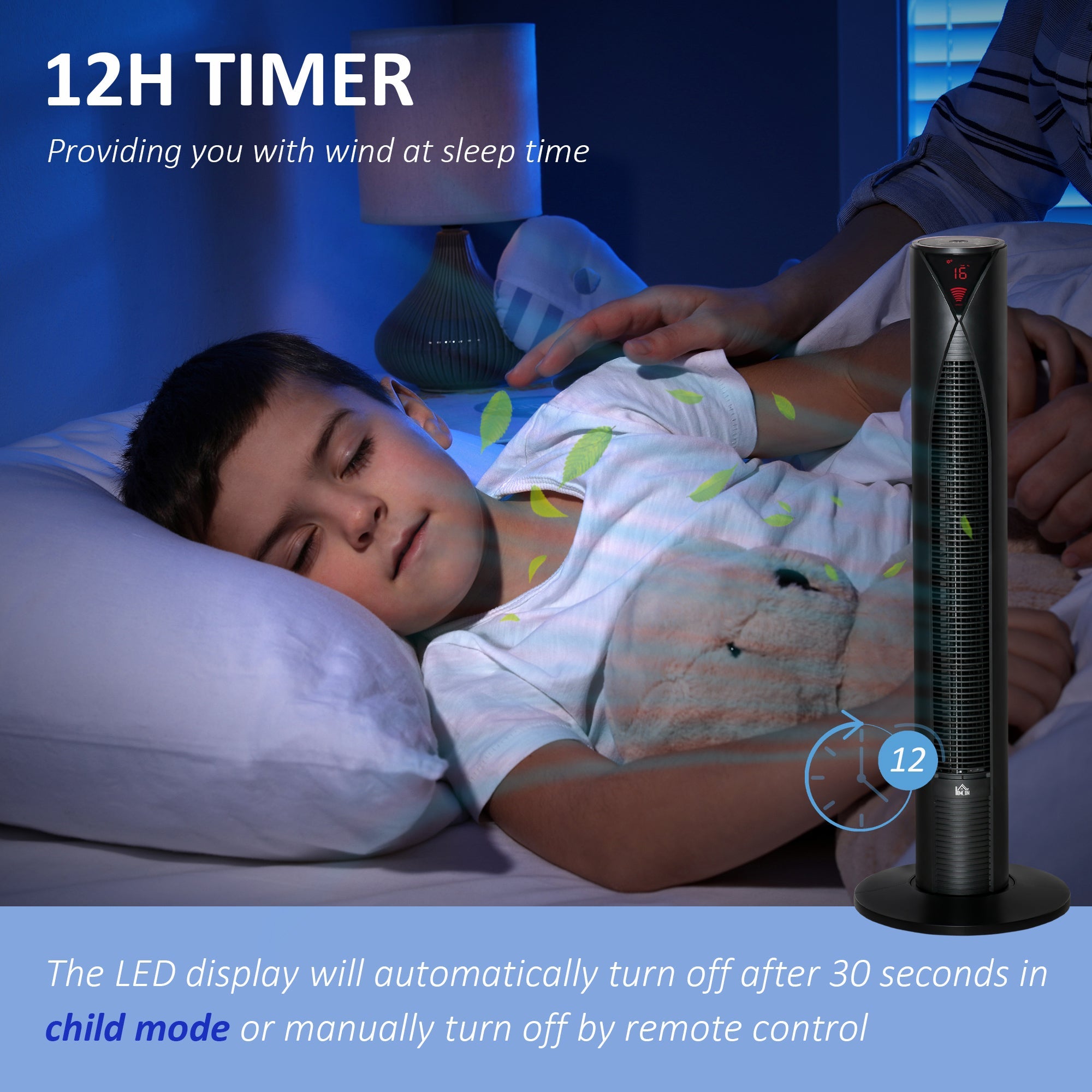 HOMCOM Tower Fan Oscillating 3 Speed 12h Timer LED Remote Control Cooling for Bedroom Home Black