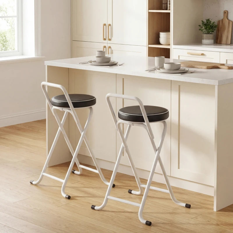 Foldable Bar Stools Set of 2, Folding Kitchen Chairs with PU Cushioned Seat, Footrest, Black