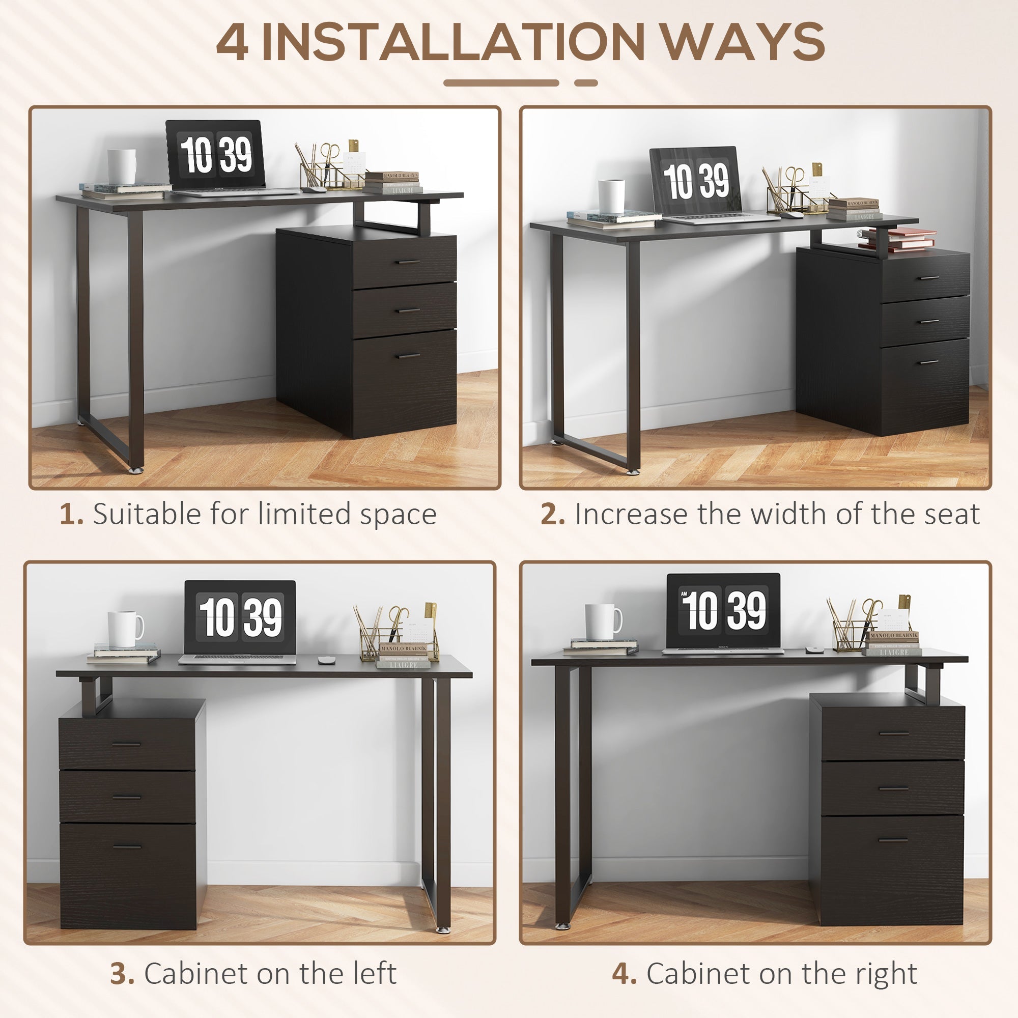 HOMCOM Elegant Office Desk: 47" Workstation with Drawers & File Cabinet for Home Office Study, Black Finish