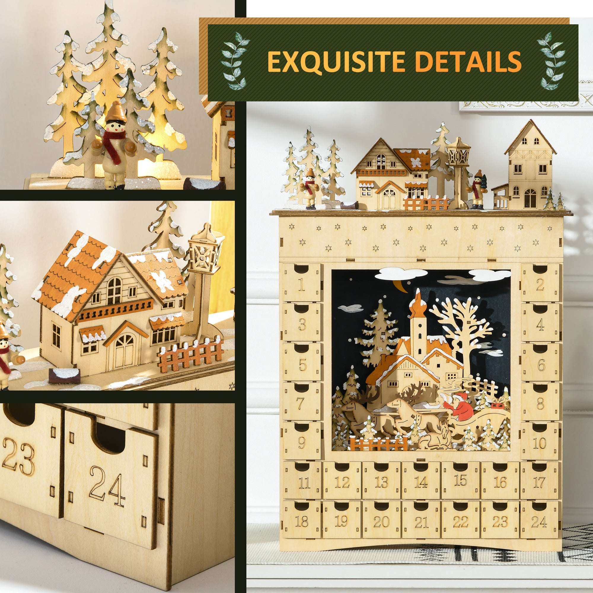 HOMCOM Festive Advent Calendar - Wooden Countdown with 24 Drawers, LED Lights, Battery-Operated Table Decor