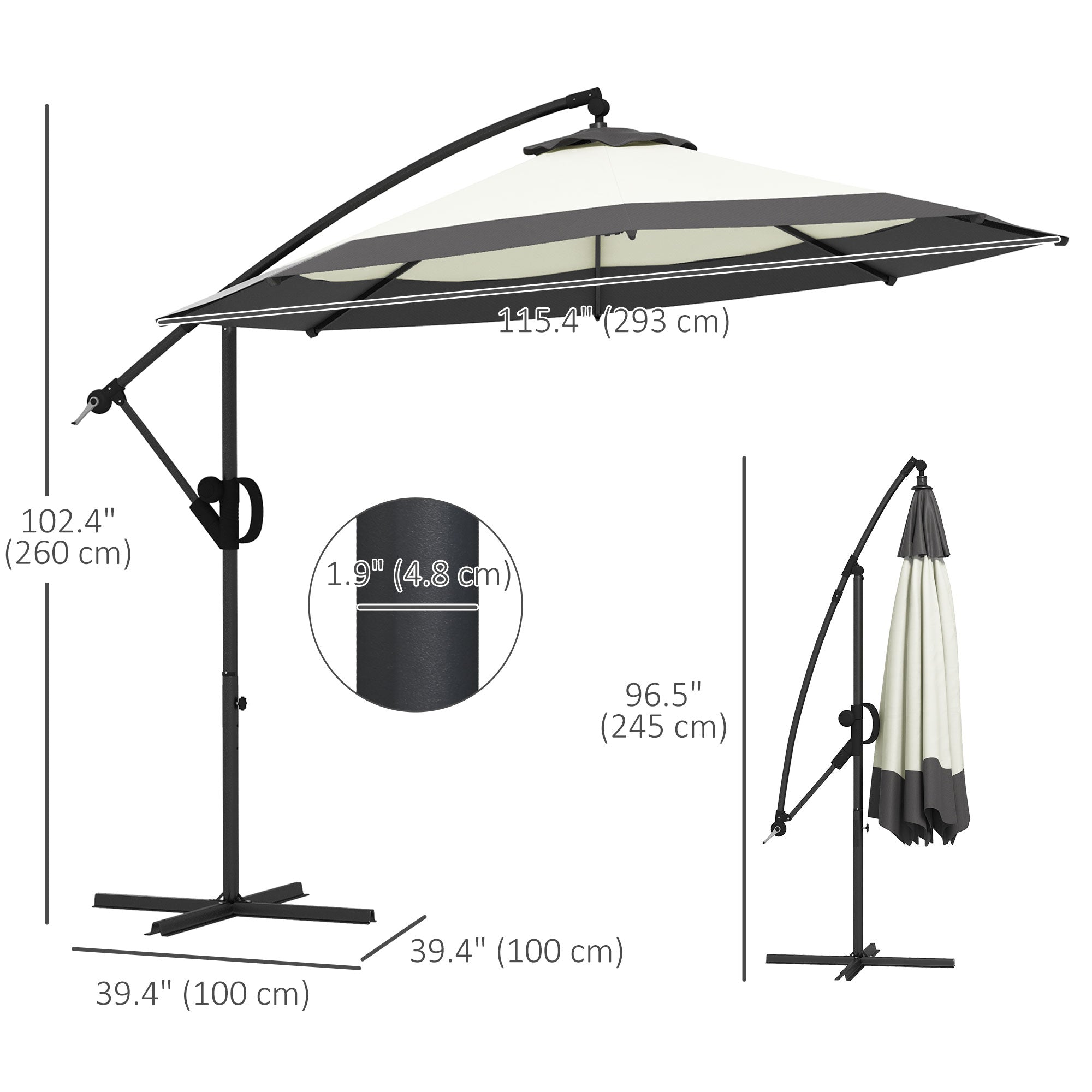 Outsunny 10 FT Cantilever Umbrella, Round Hanging Offset Umbrella with Crank, Tilt and Cross Base for Garden, Backyard, Grey