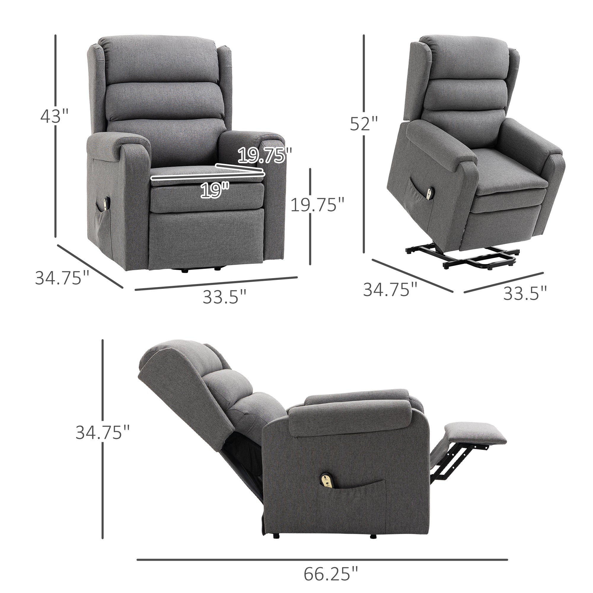 HOMCOM Electric Power Lift Recliner Chair for Seniors Linen Fabric with Remote Control Footrest for Living Room Grey