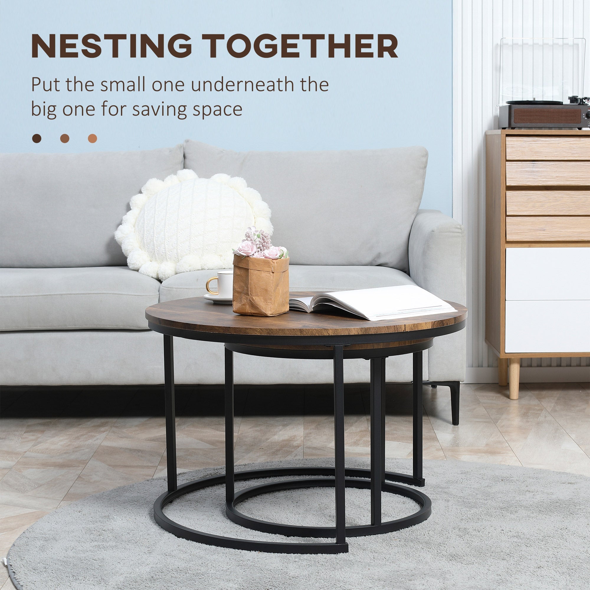 Homcom Rustic Nesting Coffee Tables: Round Set of 2 with Stacking Metal Frame for Cozy Living Room