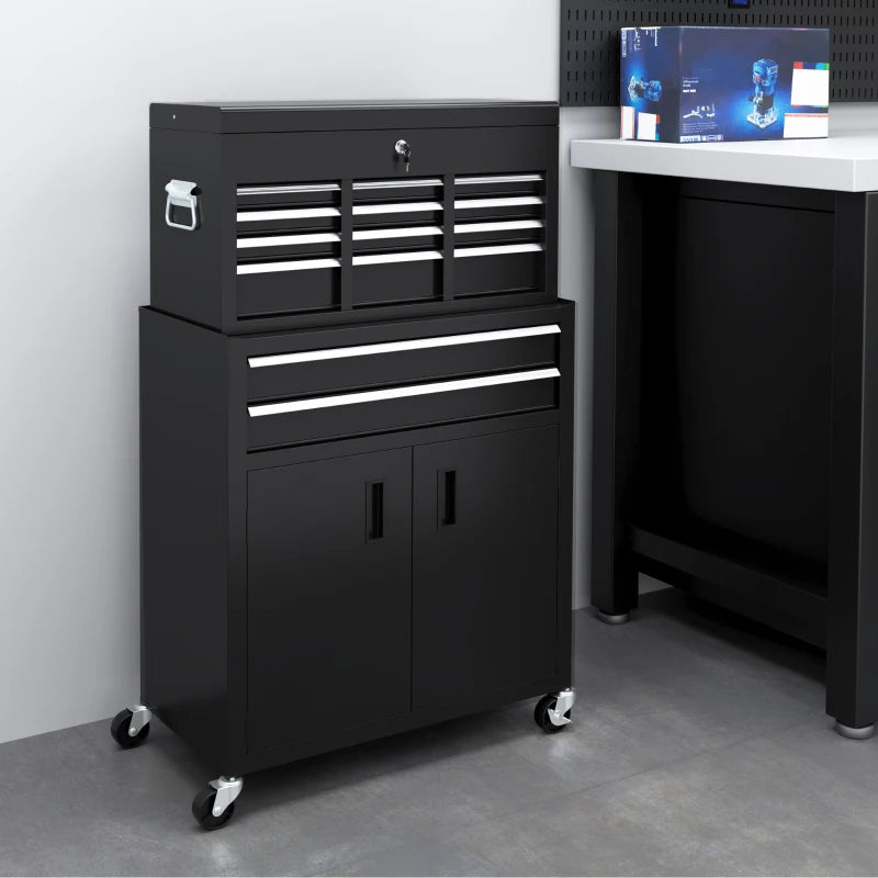 6-Drawer Rolling Tool Chest, 2 in 1 Lockable Storage Cabinet with Hooks, Metal Tool Box for Garage, Workshop, Black