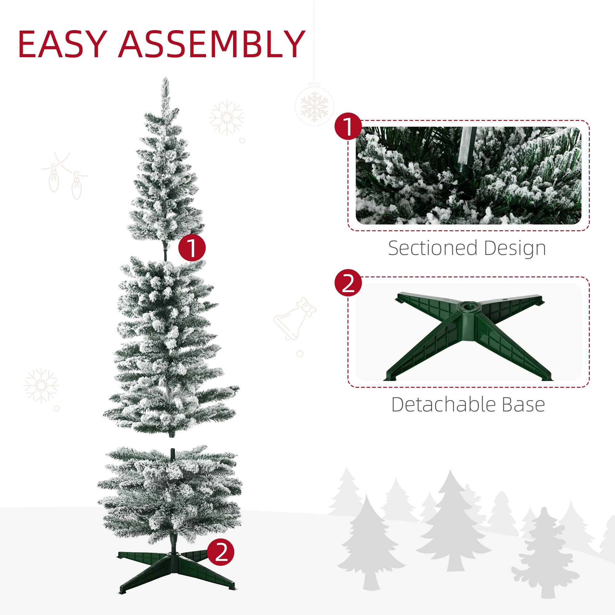 HOMCOM 6ft Tall Pencil Artificial Christmas Tree, Holiday Décor with 390 Snow Flocked Branches, Green