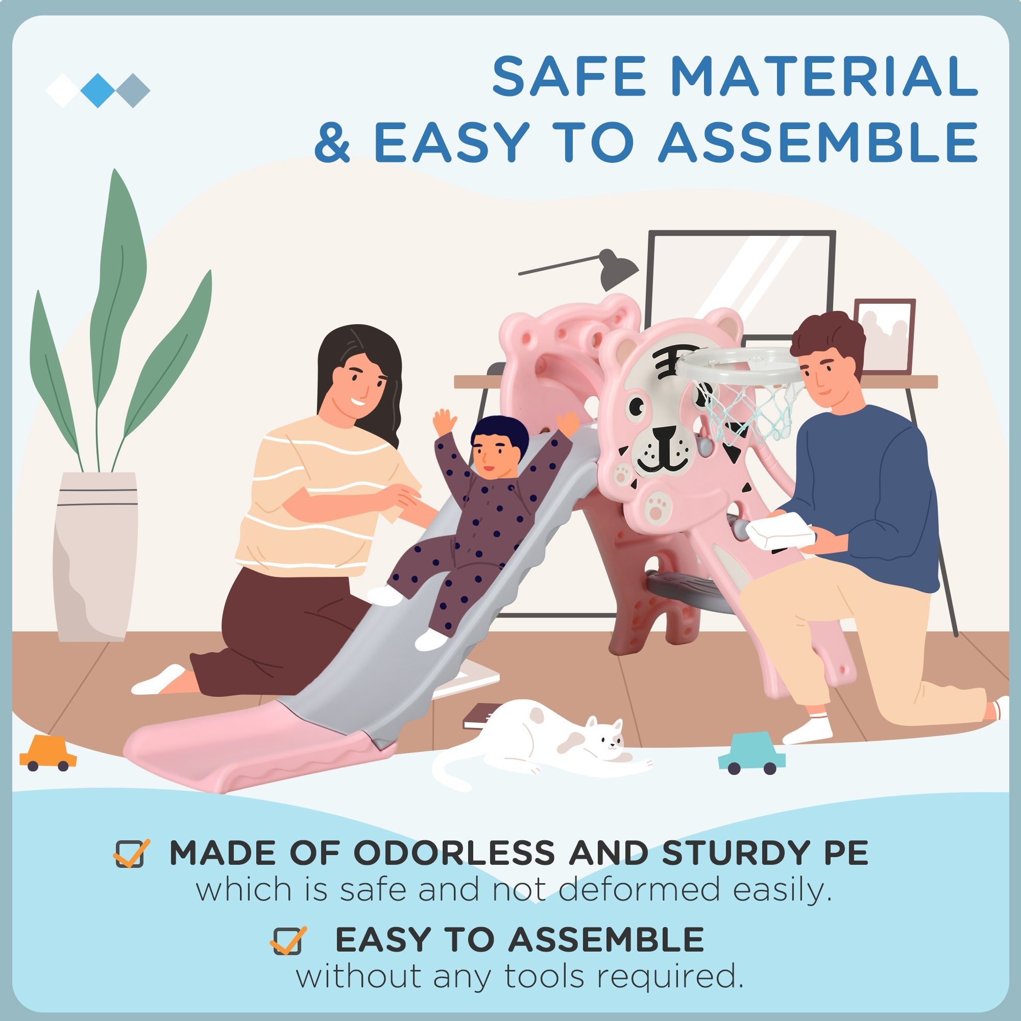 Qaba 2 in 1 Slide for Toddlers, Kids Slide Playset with Basketball Hoop for 18-36 Months, Pink