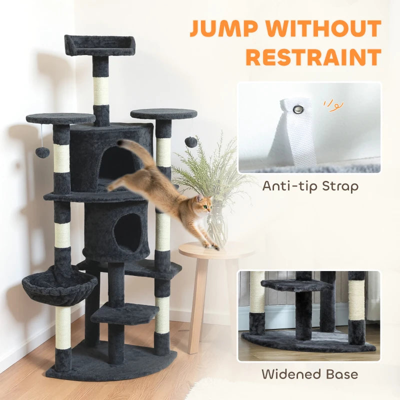 62" Cat Tree with Scratching Post, 2 Condos, Hammock, Perches, Plush, Pompoms, for Indoor Cats, Dark Grey