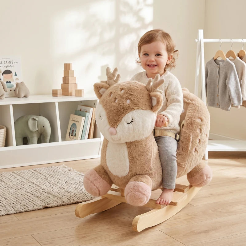 Toddler Deer Rocking Horse with Animal Sound, Safety Belt & Rocking Stopper – Brown