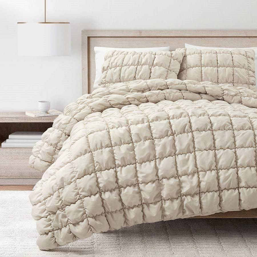 Full/Queen Soft Lightweight Puff Textured 2-Piece Comforter Set in Neutral Tan - Free Shipping
