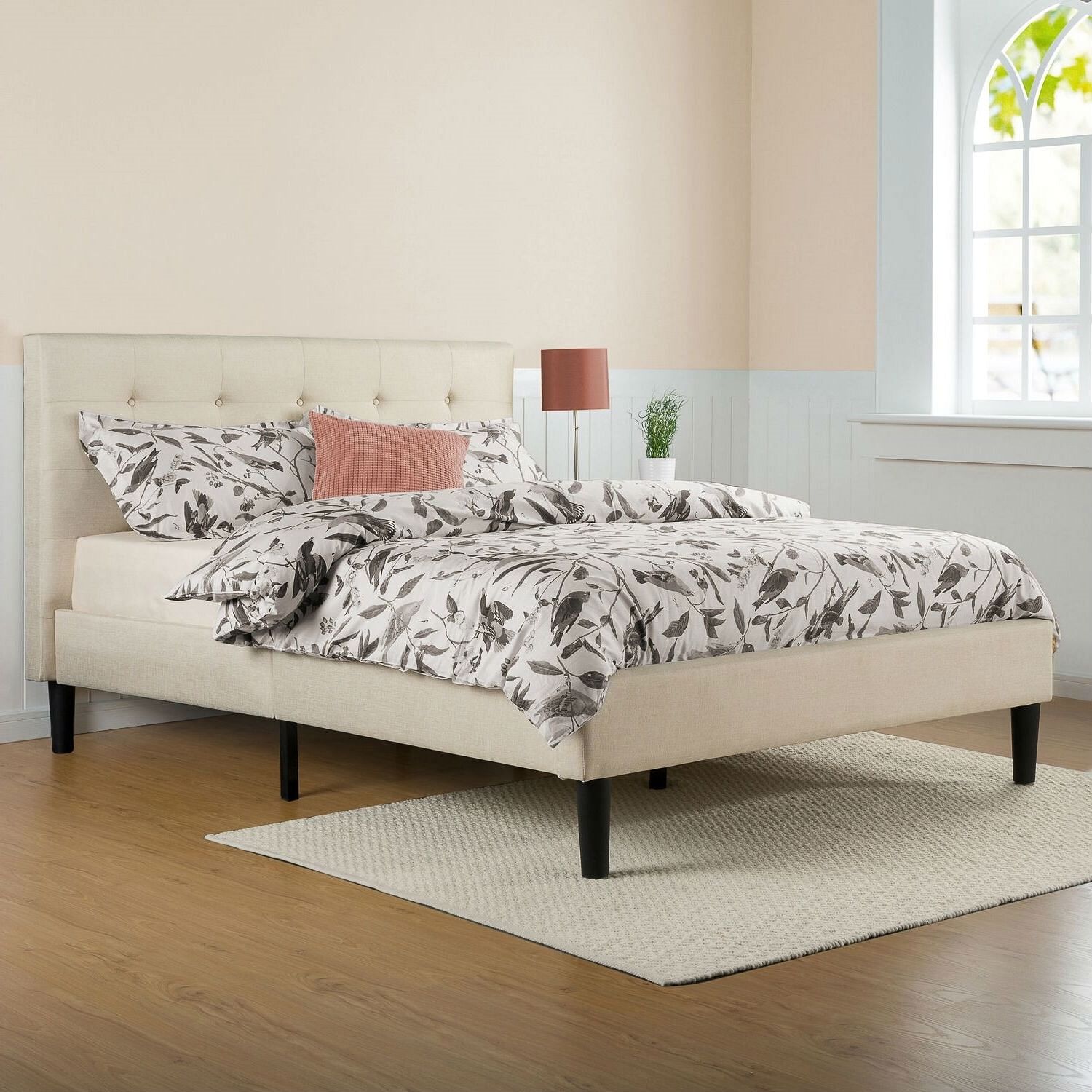 Queen size Taupe Beige Upholstered Platform Bed Frame with Headboard - Free Shipping