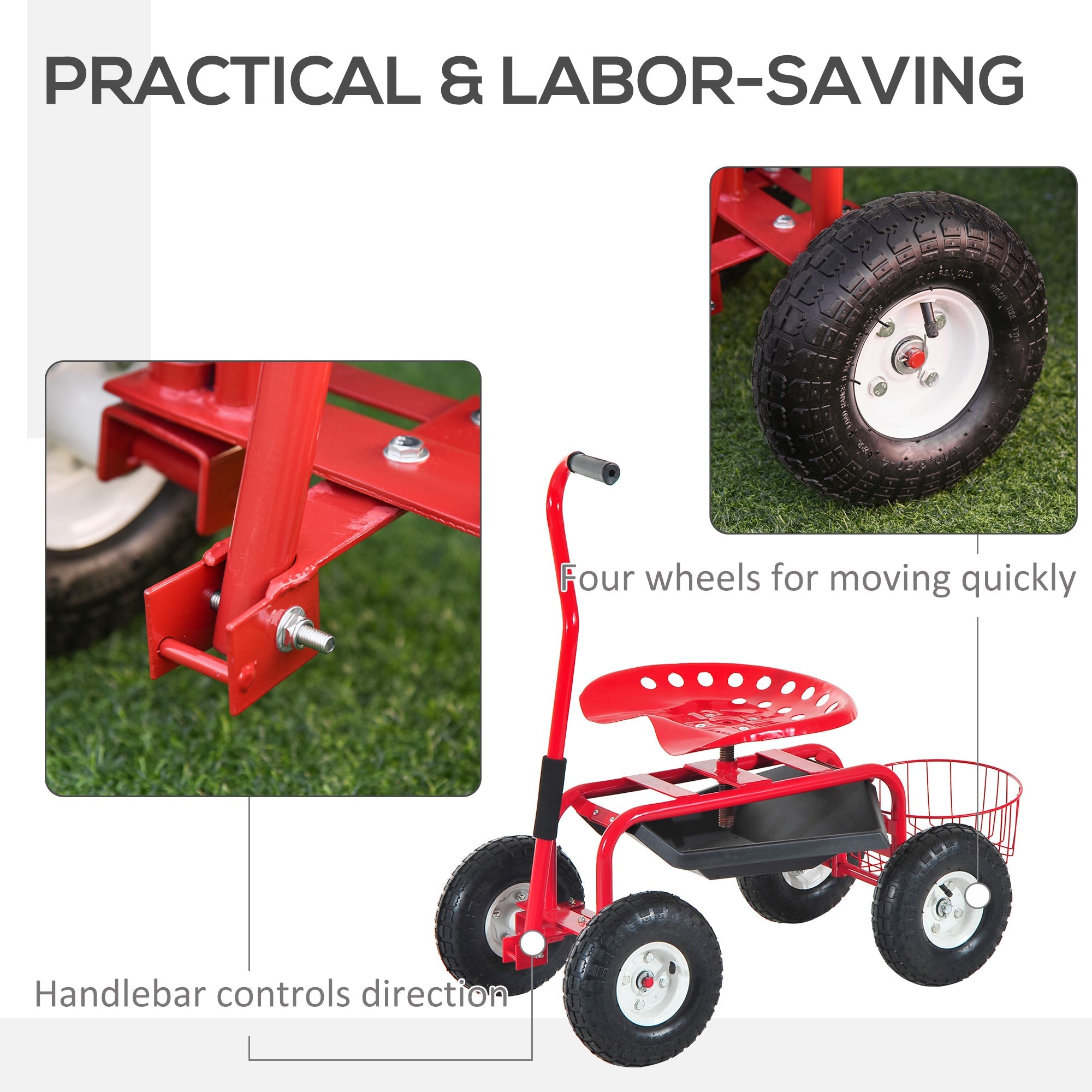 Outsunny Garden Cart, Rolling Scooter with Swivel and Adjustable Seat, Tool Tray, Bucket Basket, Red and Black