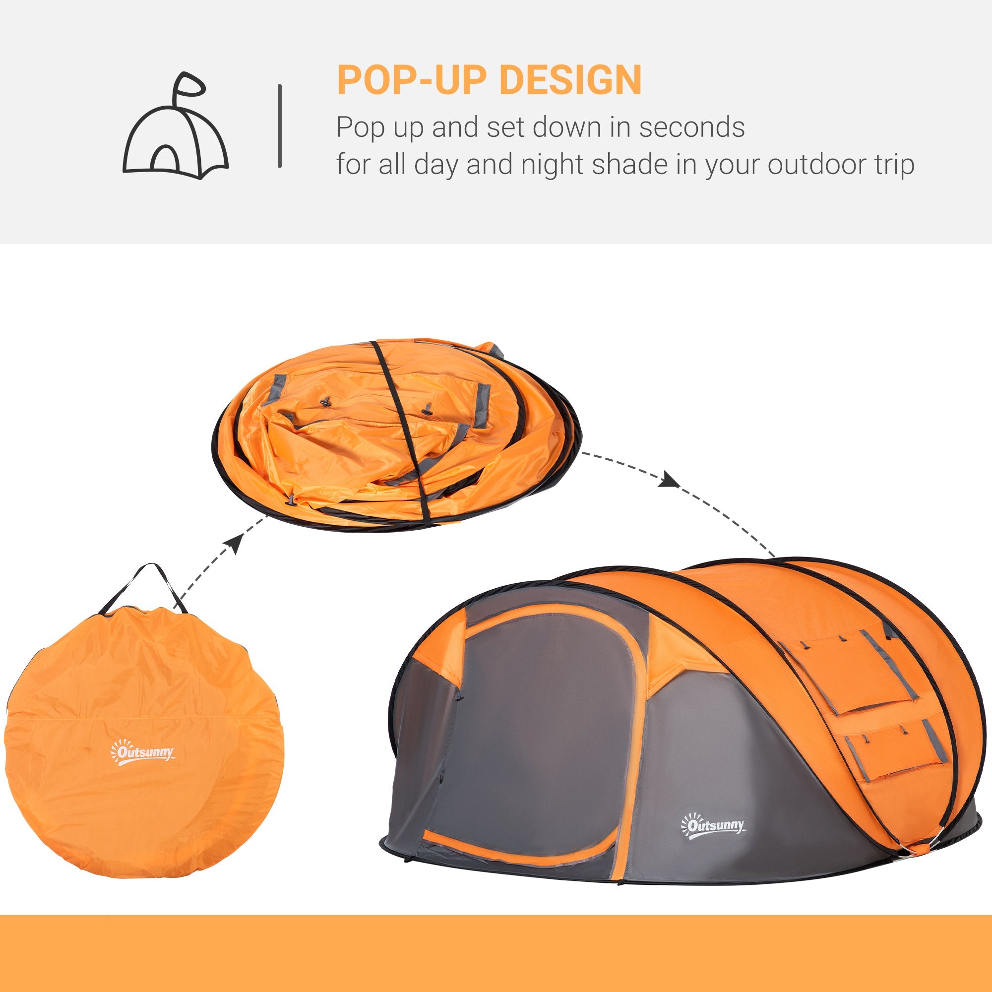 Outsunny 5-Person Pop Up Camping Tent, Easy Setup, Orange, with Doors, Windows, Carry Bag