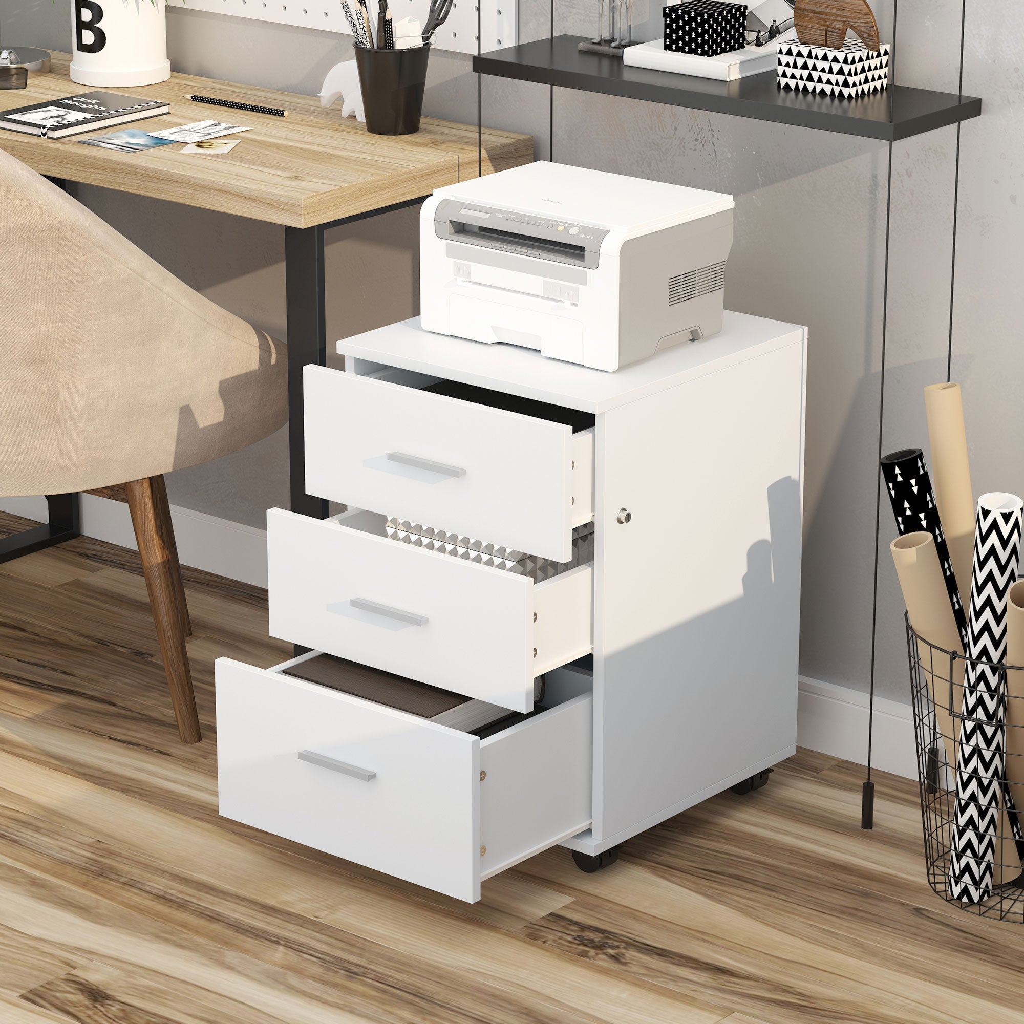 Vinsetto 3 Drawer Mobile Filing Cabinet with Lock and Keys Wheels for Home Office Storage Organizer White