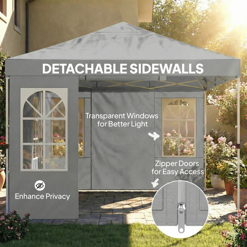 9.6 x 9.6 ft Pop Up Canopy Tent with 4 Sidewalls, UPF 50+ 1-Button Push Easy Setup Outdoor Instant Canopy, Light Grey
