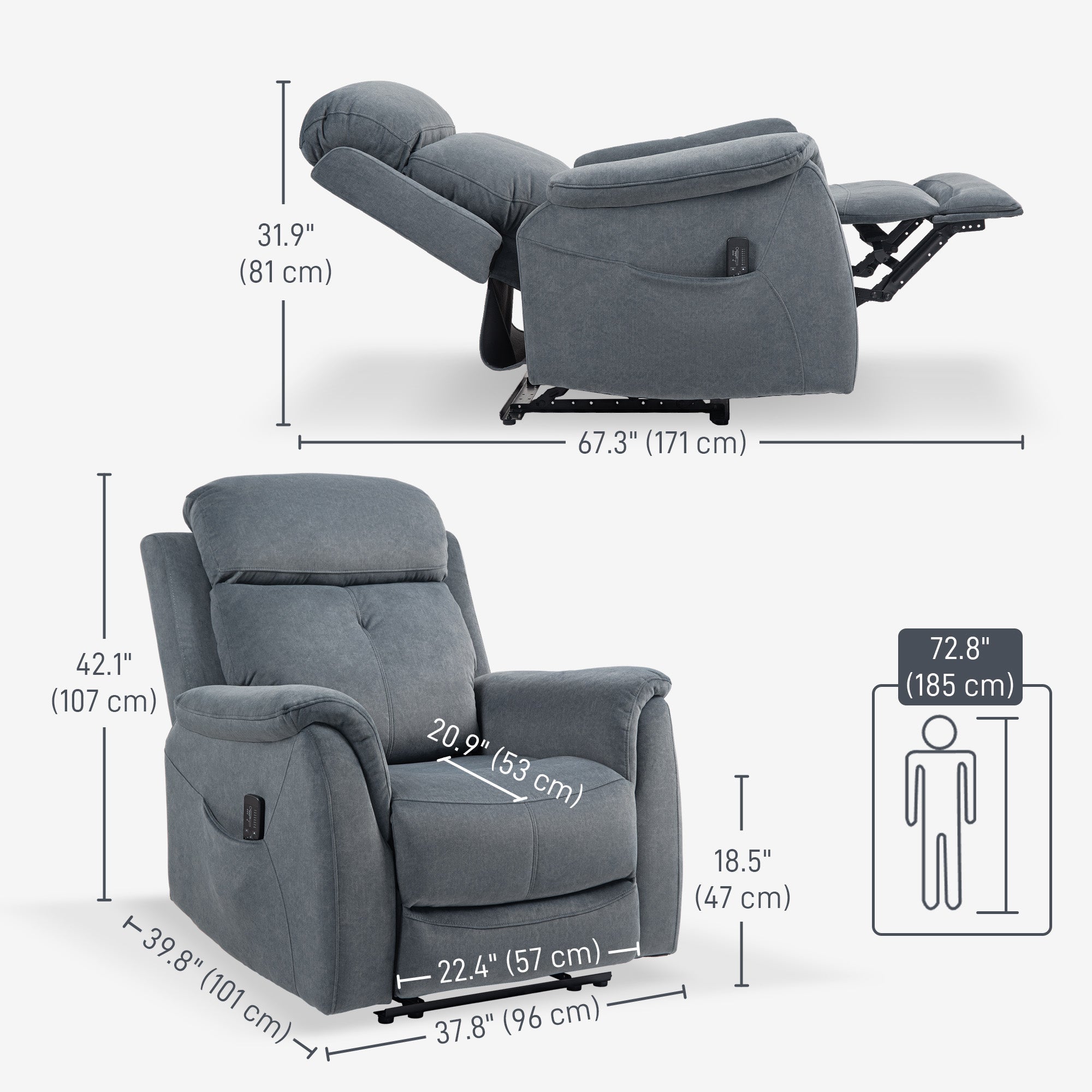 HOMCOM Manual Recliner Chair with Vibration Massage, Reclining Chair for Living Room with Side Pockets, Dark Grey