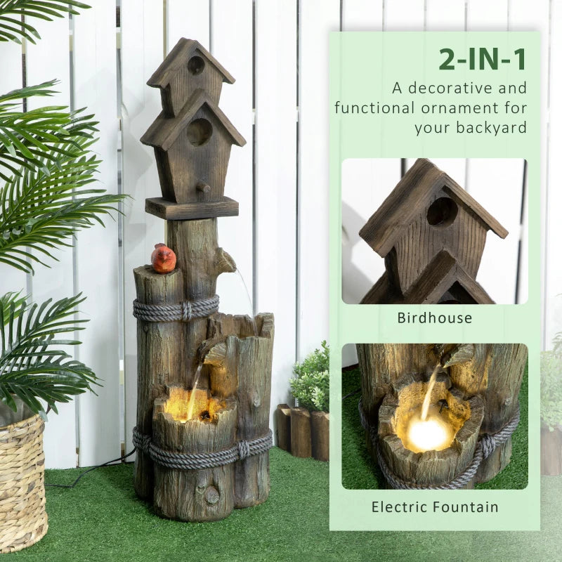 Outdoor Fountain, Garden Waterfall with Birdhouse, 3-Tier Tree Trunk Design, LED Lights for Porch, Deck, Yard, Brown