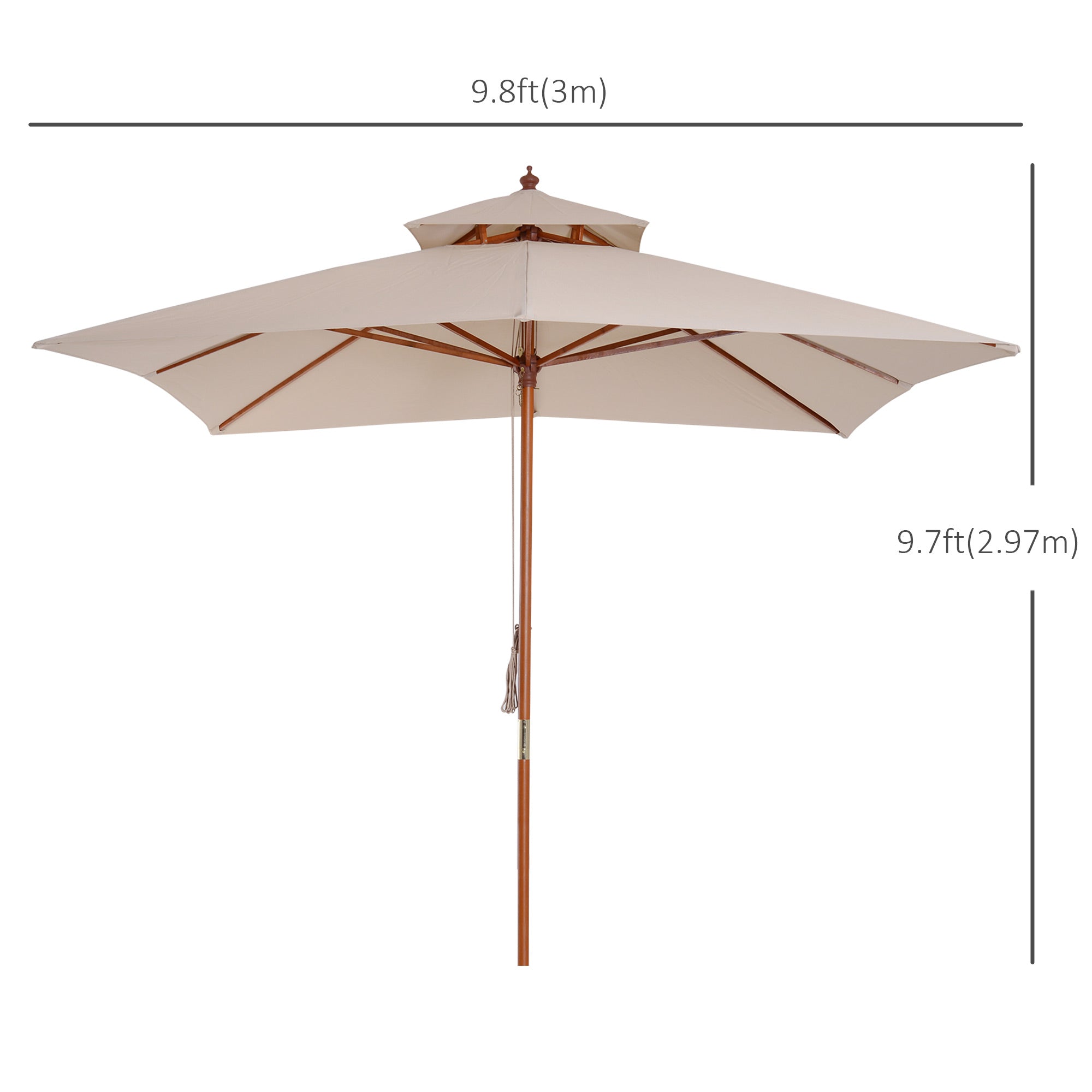 Outsunny 10x10ft Wood Square Patio Umbrella Garden Market Parasol Sunshade Canopy with 2 Pulley Pagoda Style (Khaki)