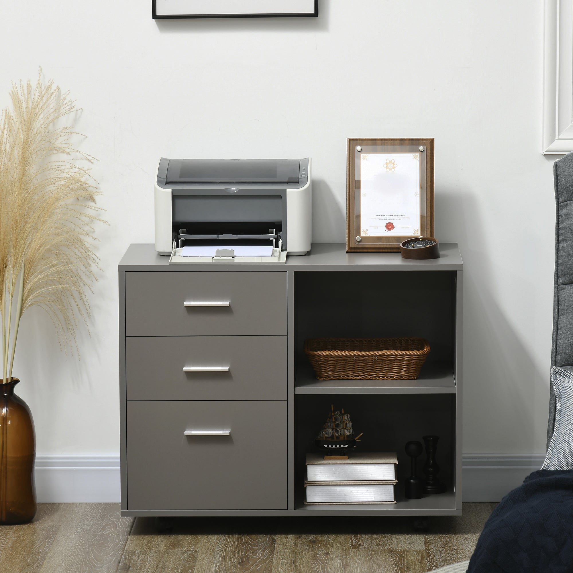 HOMCOM File Cabinet: 3 Drawers, Printer Stand, Open Shelves, Rolling Wheels, Grey, Office Storage