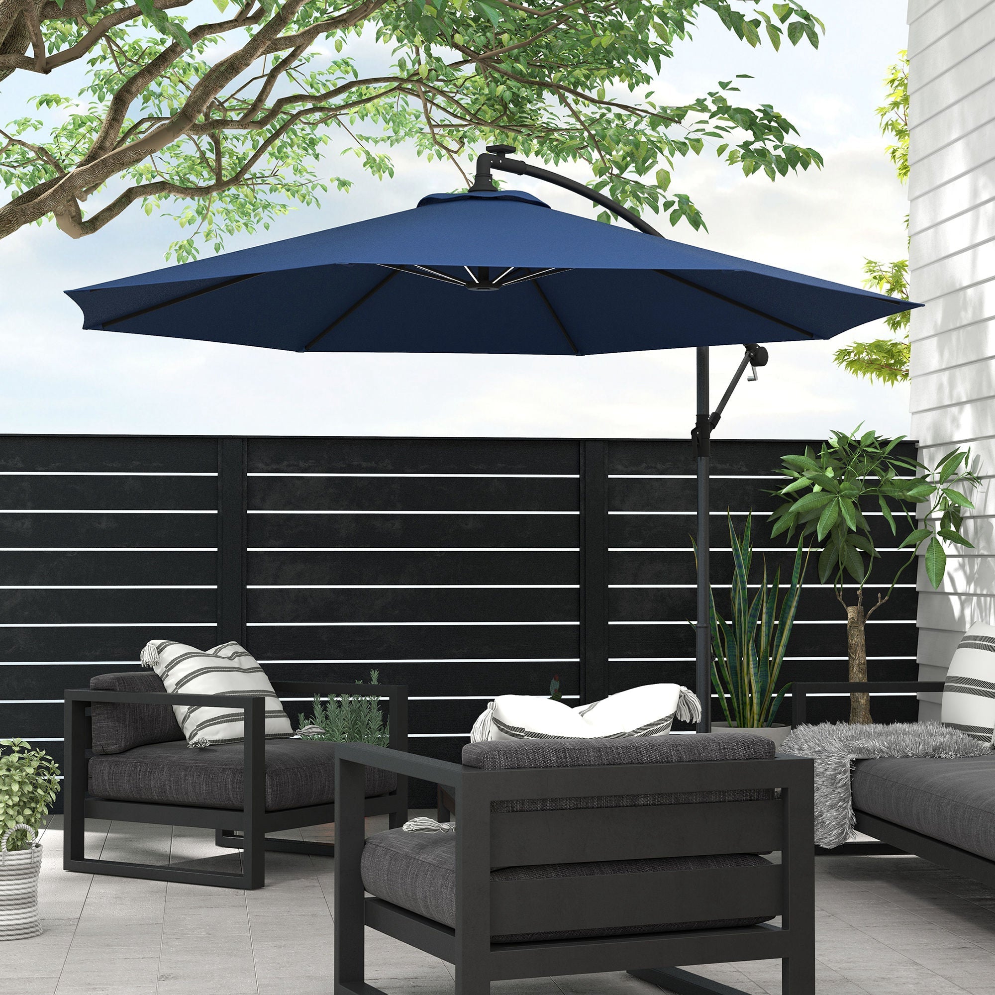 Outsunny 10ft Cantilever Hanging Offset Patio Umbrella Solar LED Lights Crank Cross Base Aluminum Blue