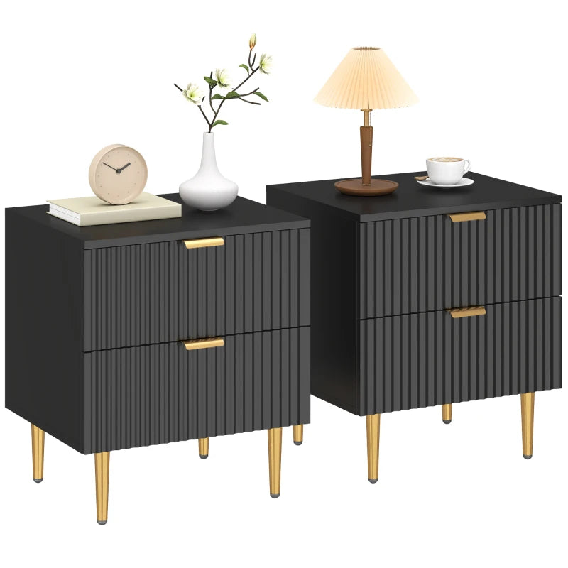 Bedside Table Set of 2, Modern Nightstand with 2 Drawers, Side End Table with Metal Legs for Living Room, Bedroom, Black