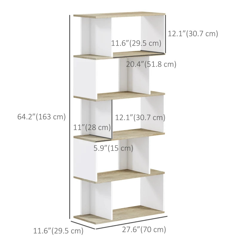 5-Tier Bookshelf, Geometric S Shaped Bookcase, Tall Narrow Display Shelf for for Living Room, Study Room, White