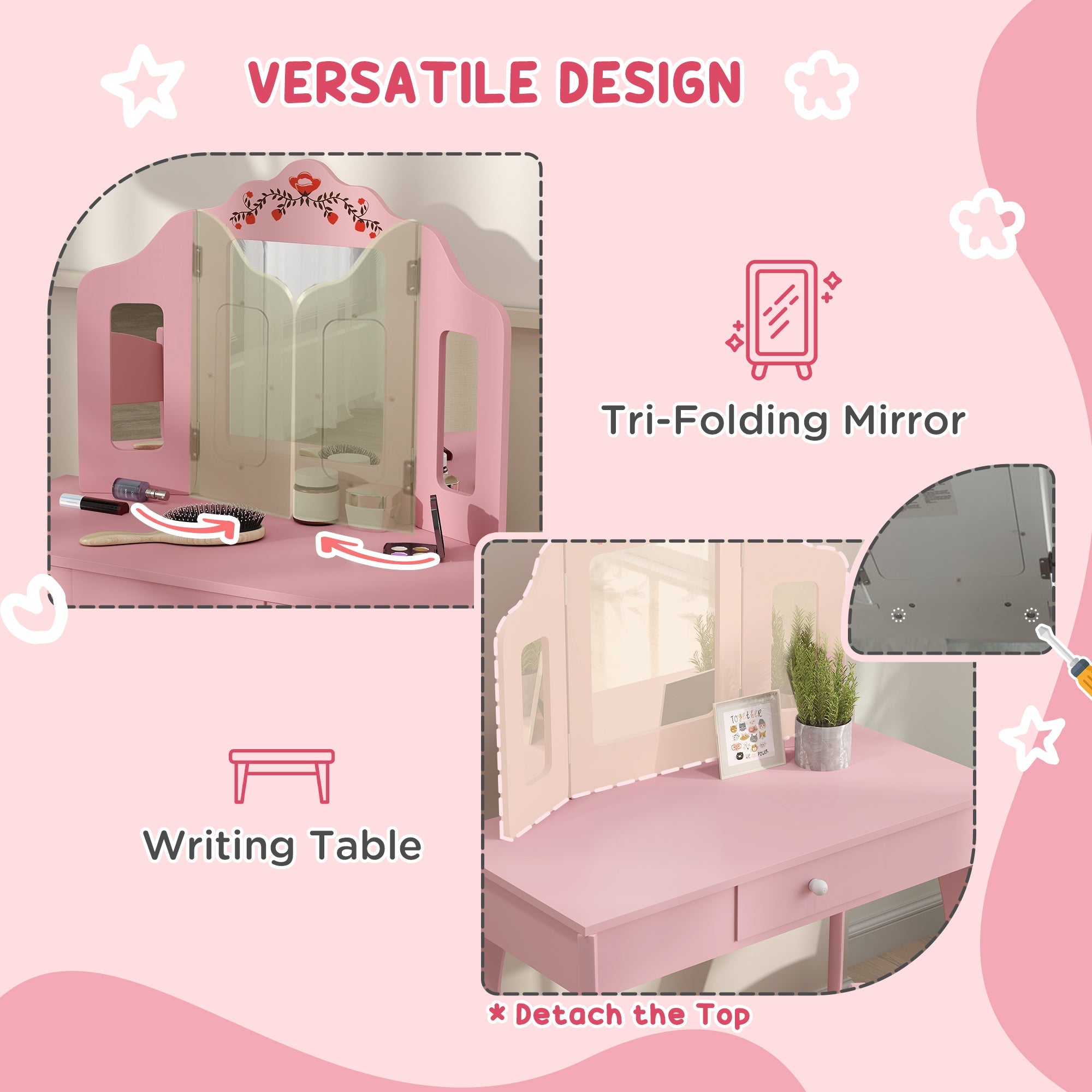 Qaba Kids Vanity Set, Dual-Use Dressing Table with Removable Tri-Folding Mirror and Drawer, for Ages 3-8, Pink