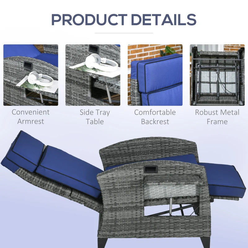 Outdoor Recliner Chair with Adjustable Backrest and Footrest, Washable Cushion, Side Tray, Dark Blue