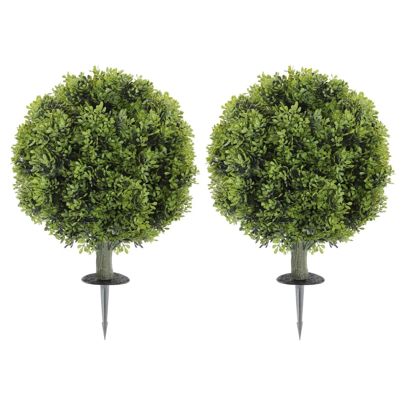 Artificial Boxwood Topiary Trees Set of 2 with Ground Stake, UV Resistant Fake Plants for Indoor Outdoor, Green
