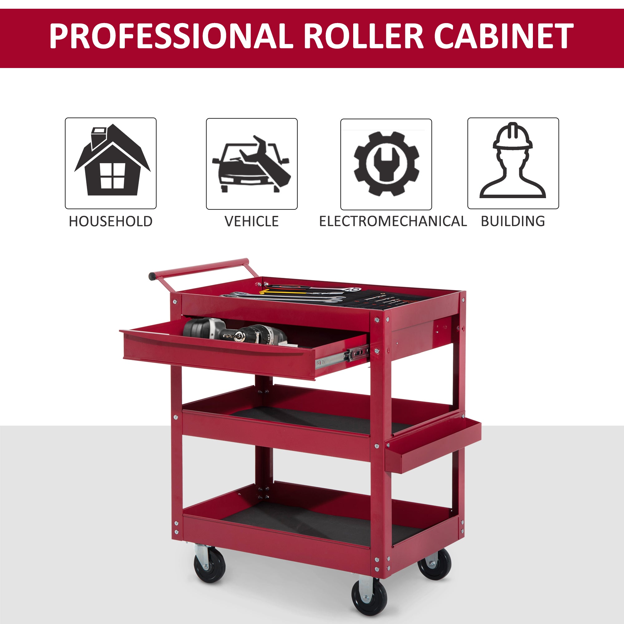 Homcom Tool Cart With 3 Tray 1 Drawer Storage Chest Garage Utility Red