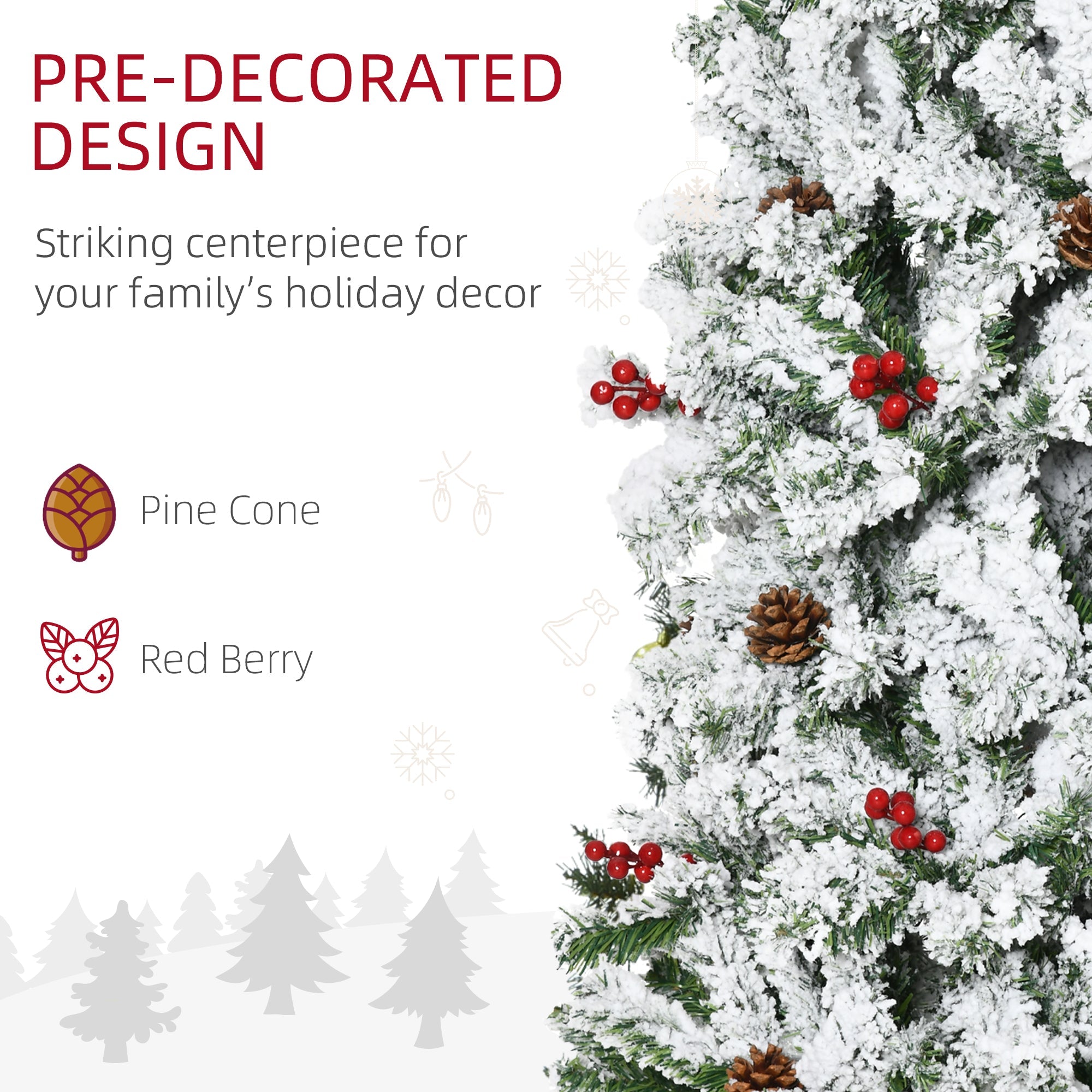 HOMCOM 7.5 Foot Pencil Snow Flocked Artificial Christmas Tree with 950 Pine Realistic Branches, Pine Cones, Red Berries, Auto Open