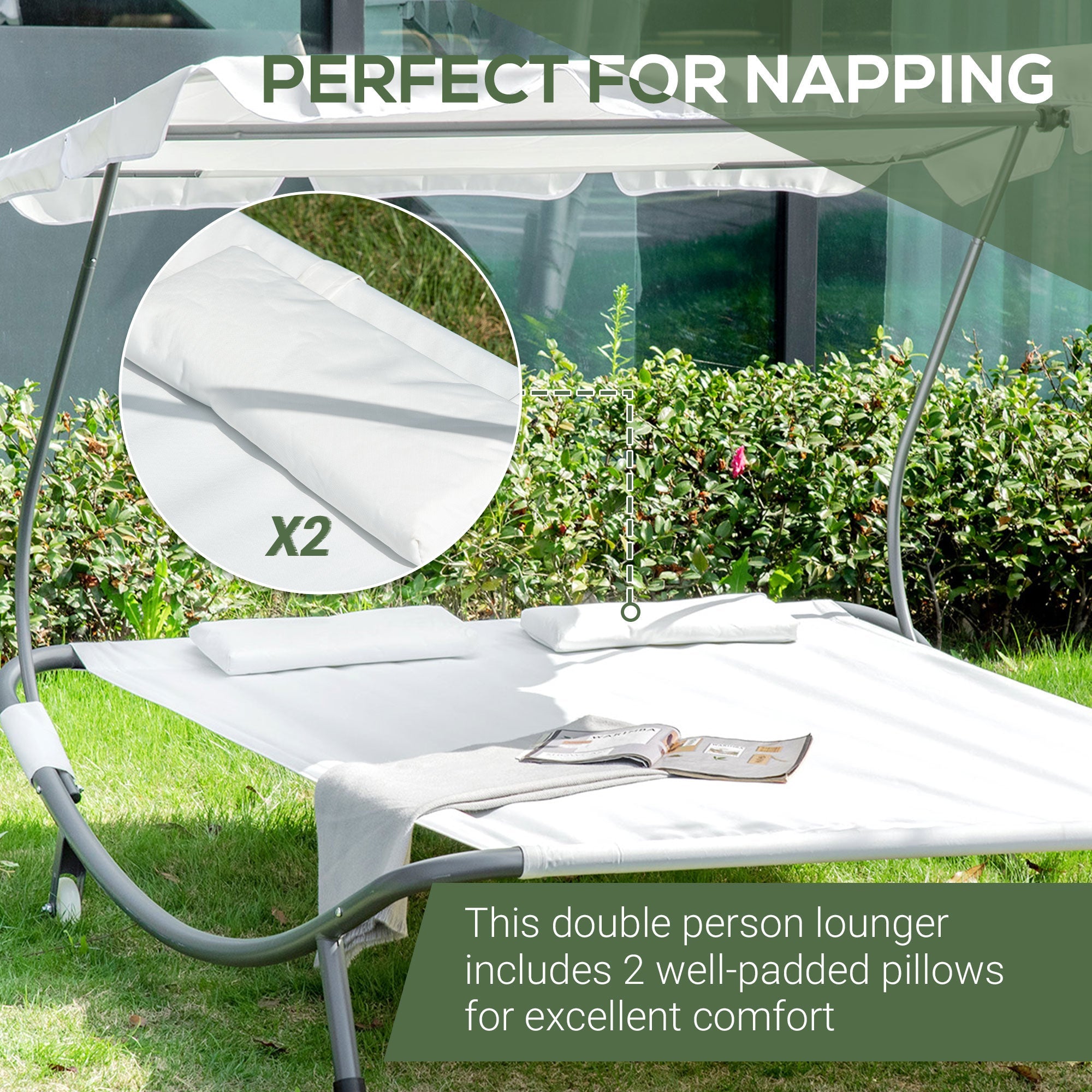 Outsunny Patio Double Chaise Outdoor Lounge Bed with Canopy and Headrest Pillow Cream White