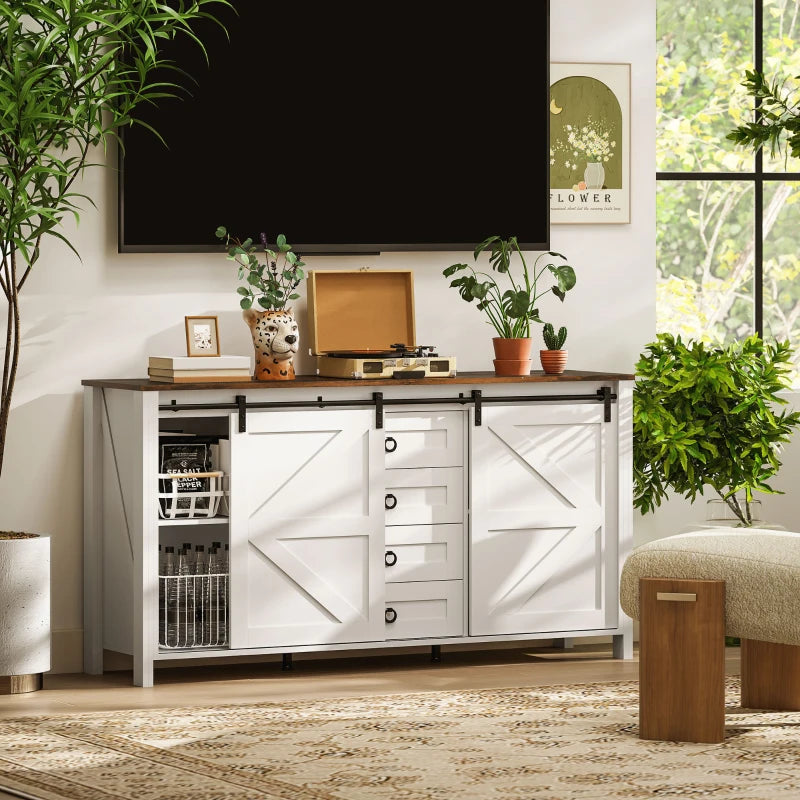 60" Buffet Cabinet, Farmhouse Sideboard with Sliding Barn Doors, Drawers and Adjustable Shelves, Cream White