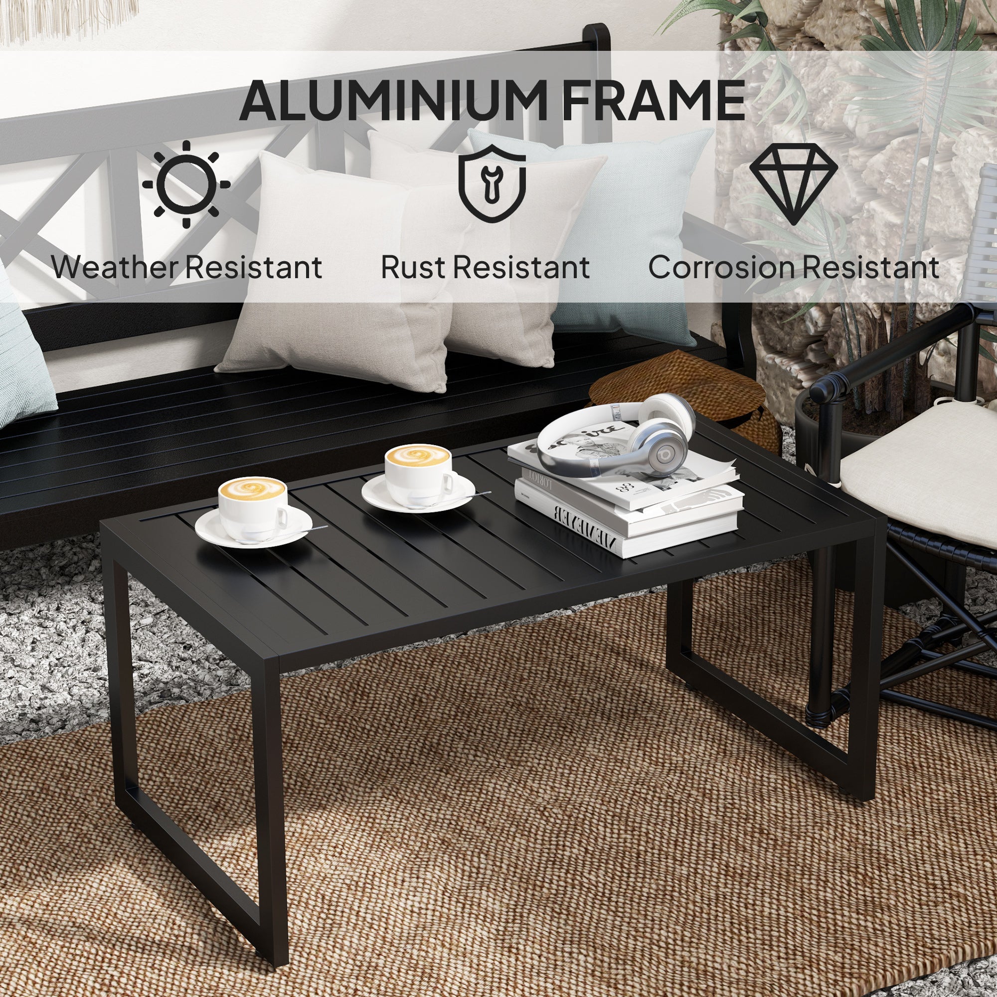 Outsunny Outdoor Coffee Table, Patio Coffee Table with Slatted Tabletop, Adjustable Foot Pads for Garden, Patio, Lawn, Black