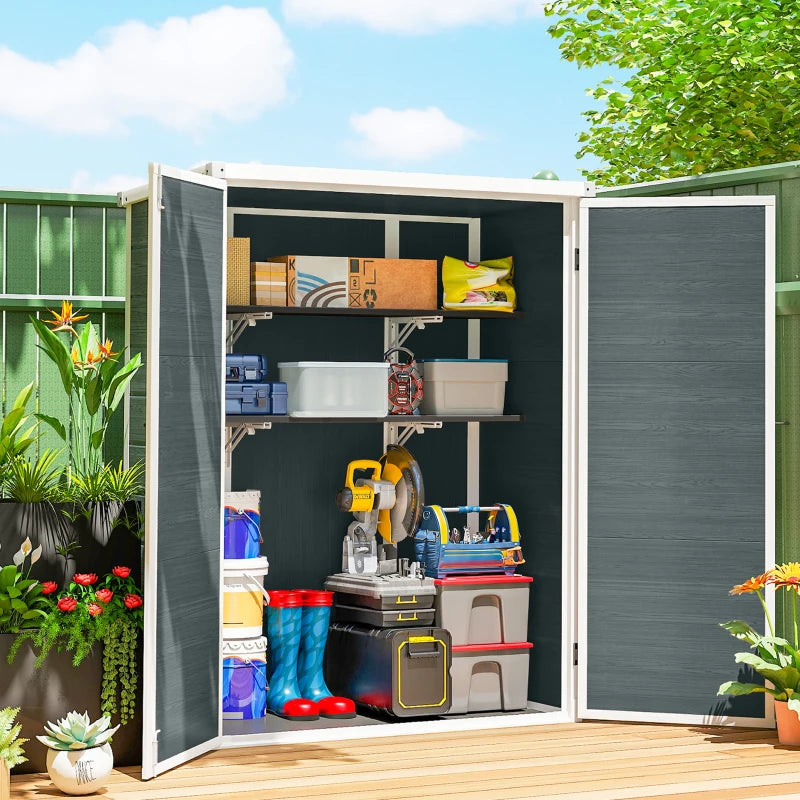 Outdoor 4.4' x 2.3' Plastic Storage Shed with Lockable Doors and Foldable Shelves, Wood-Effect Garden Shed, Grey