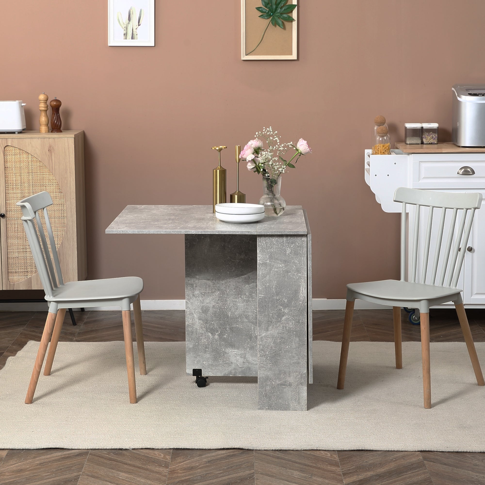 HOMCOM Folding Dining Table Extendable Movable Drop Leaf with Shelves Casters Grey for Compact Spaces