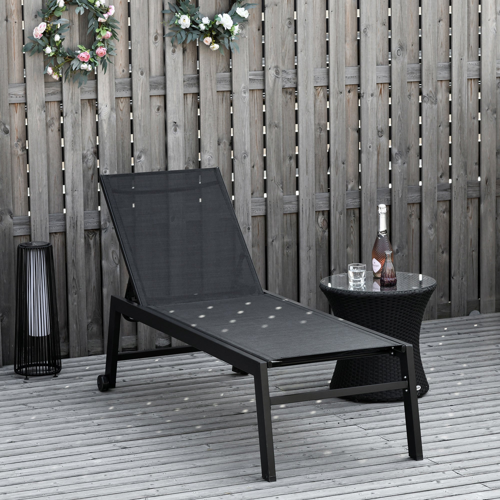 Outsunny Patio Lounge Chair Outdoor Recliner with 5-Position Backrest 2 Wheels for Poolside Beach Lawn Black