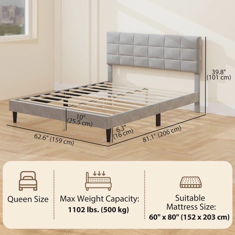 Queen Size Bed Frame with Upholstered Headboard, Modern Platform Bed Frame with Wood Slats, 1100 lbs Capacity, Grey