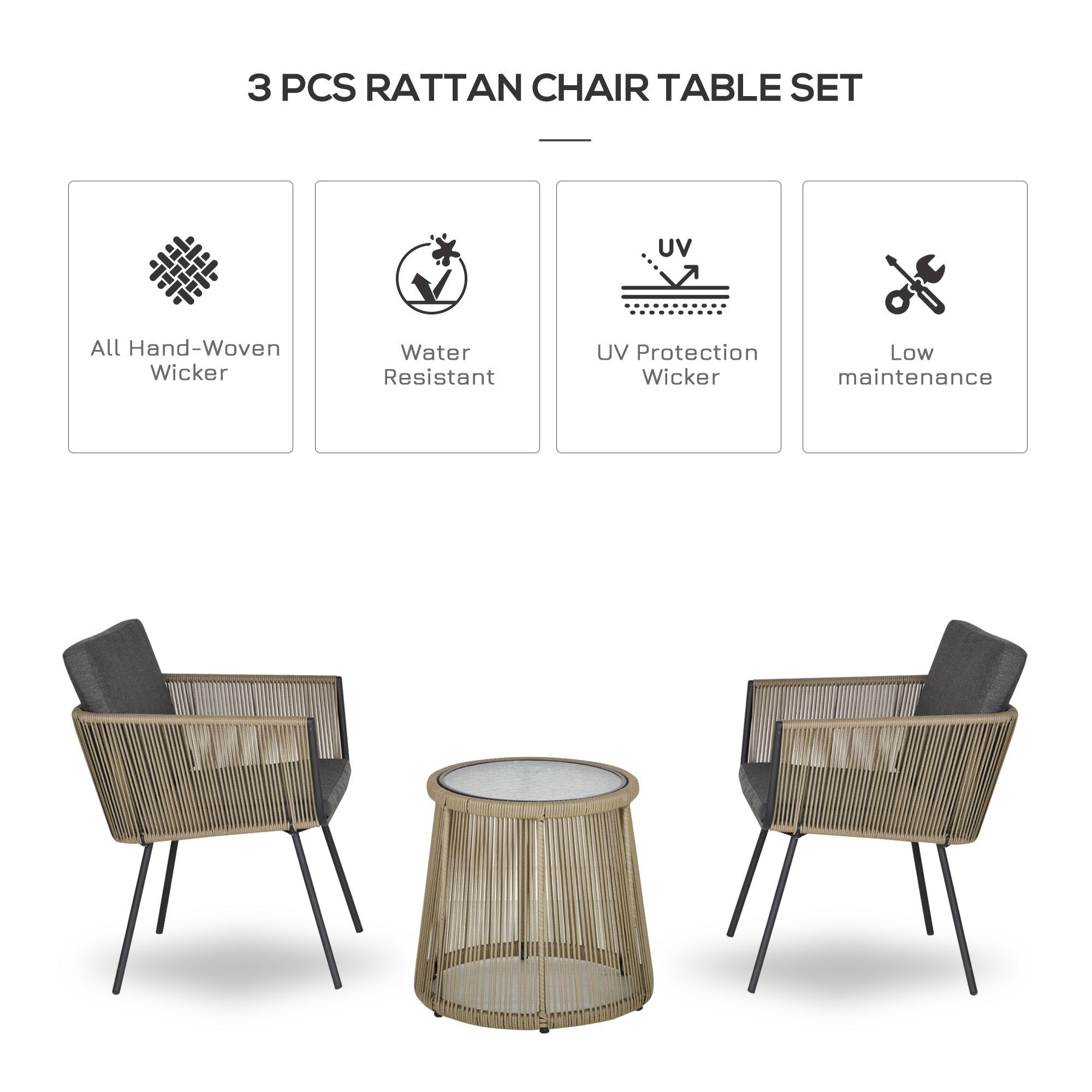 Outsunny Wicker Rattan 3 PCS Bistro Set Webbed Patio Furniture Conversation Chairs Coffee Table Metal Legs Garden Backyard Deck