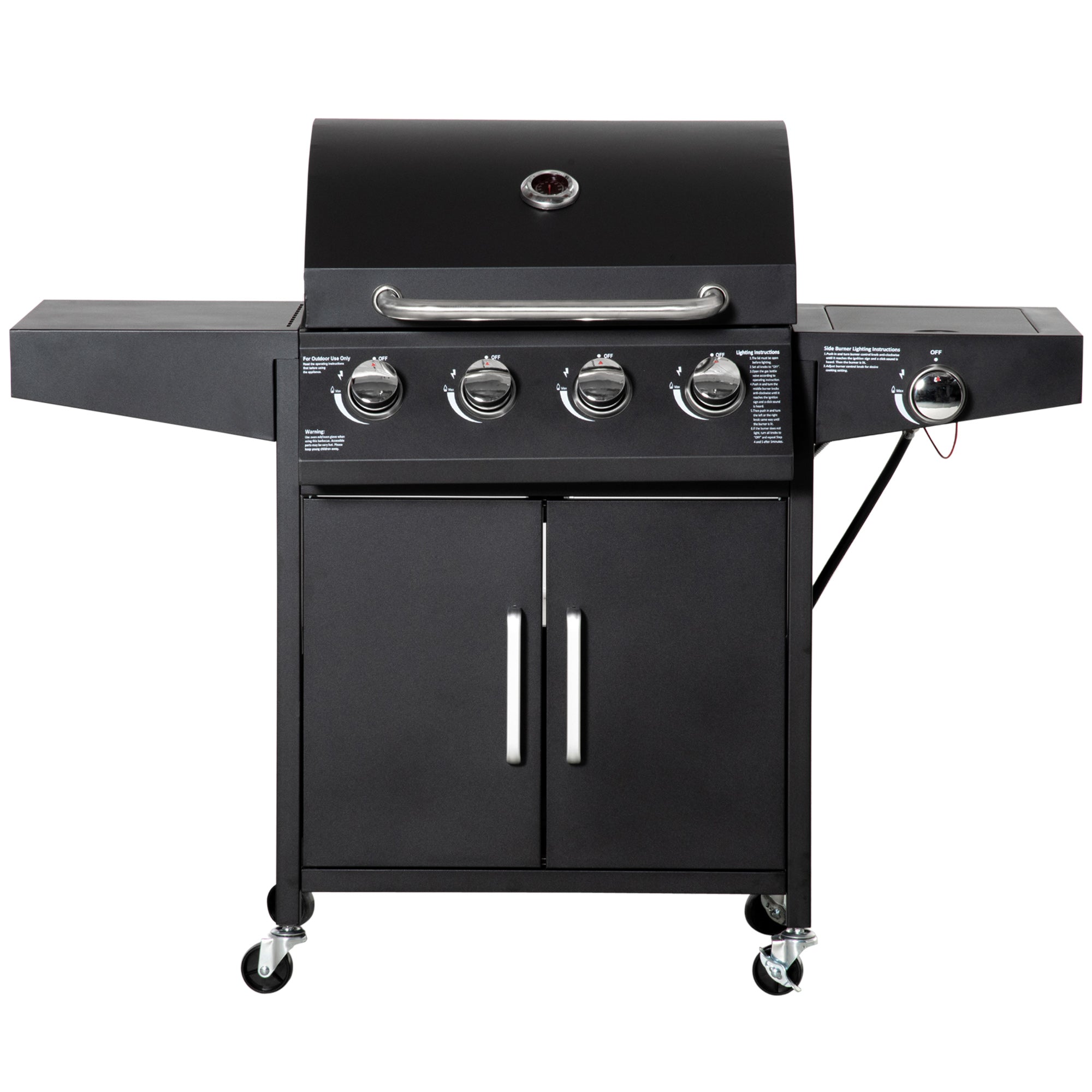 Outsunny 4+1 Burner Propane Gas Grill BBQ Trolley - Outdoor Cabinet Style with Side Burner, Warming Rack, Sleek Black