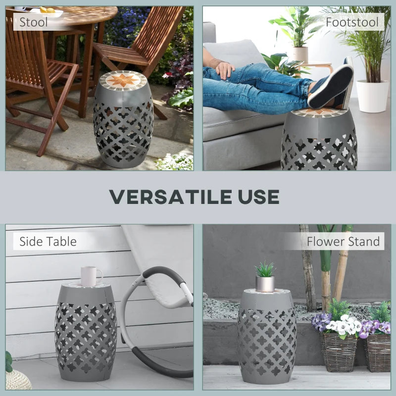 Ceramic Decorative Garden Stool, 12" Drum Outdoor Stool Side Table Plant Stand for Outdoor Indoor, Grey