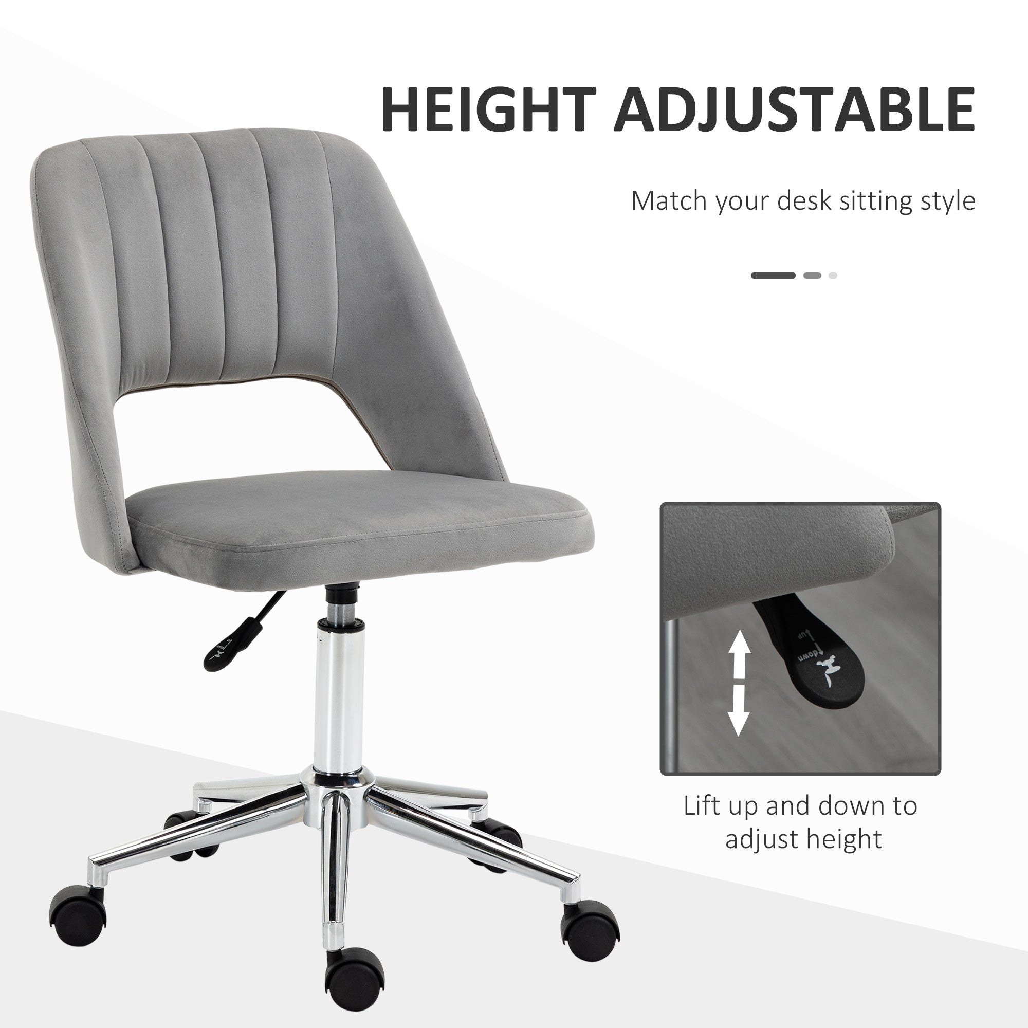 Vinsetto Ergonomic Swivel Chair: Plush Velvet Upholstery, Scalloped Backrest & 360° Mobility for Comfortable Computing, Grey