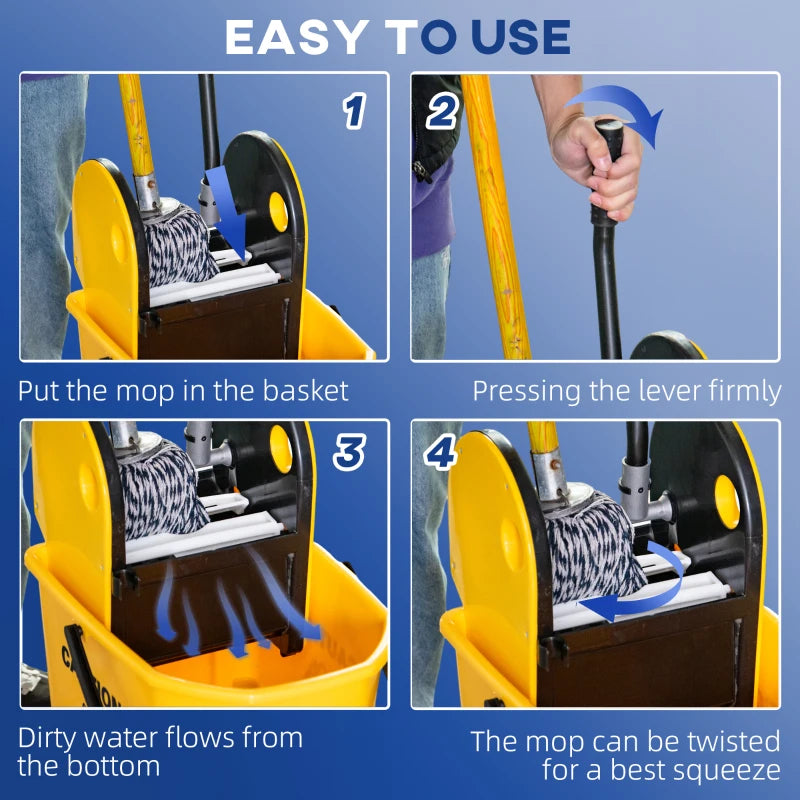 6.9 Gal/26L Mop Bucket, Mop Bucket with Wringer, Wheels and Handle, Yellow